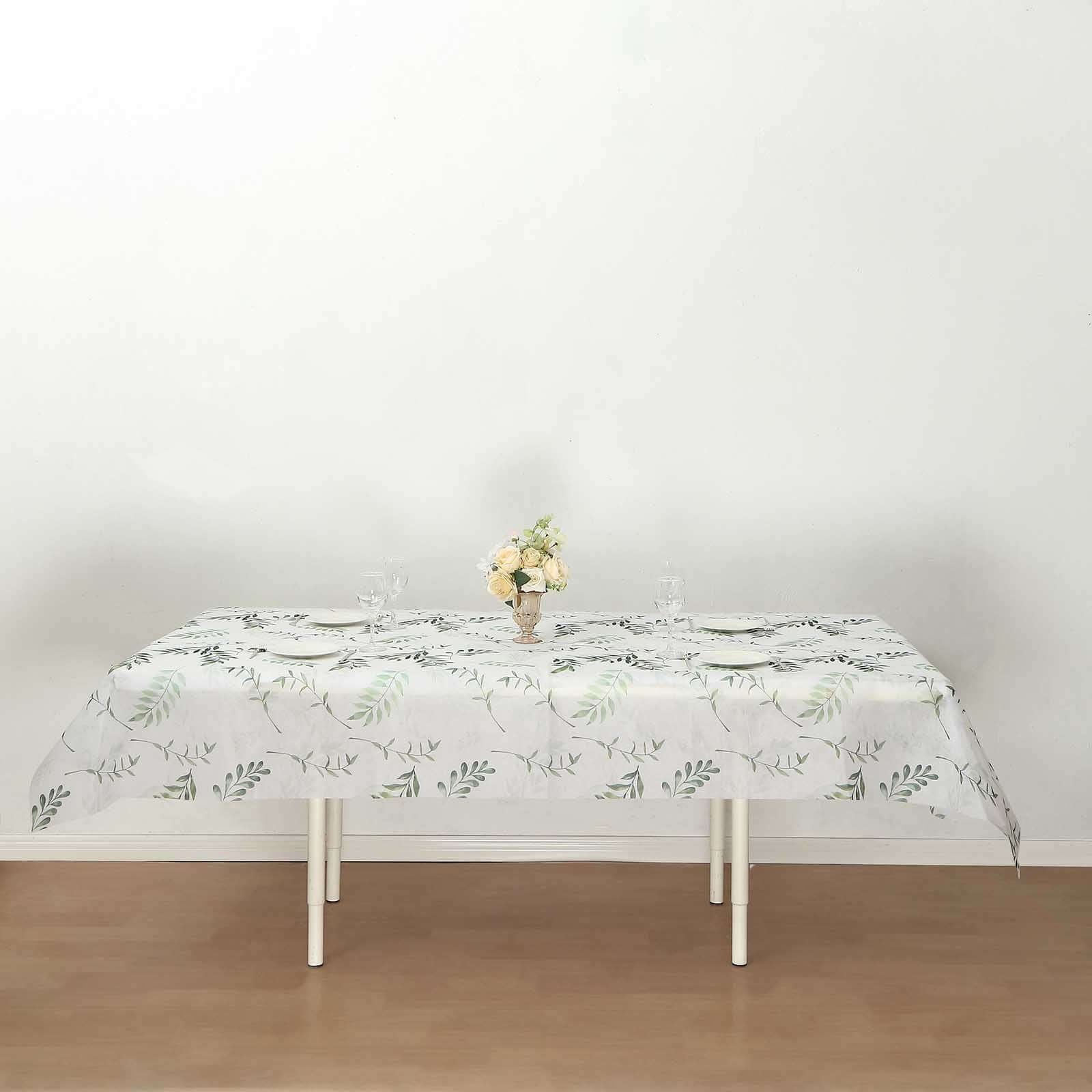 Non-Woven Tablecloth Rectangle White/Green with Olive Leaves Print - Perfect Disposable Table Cover for Summer 60"x102"