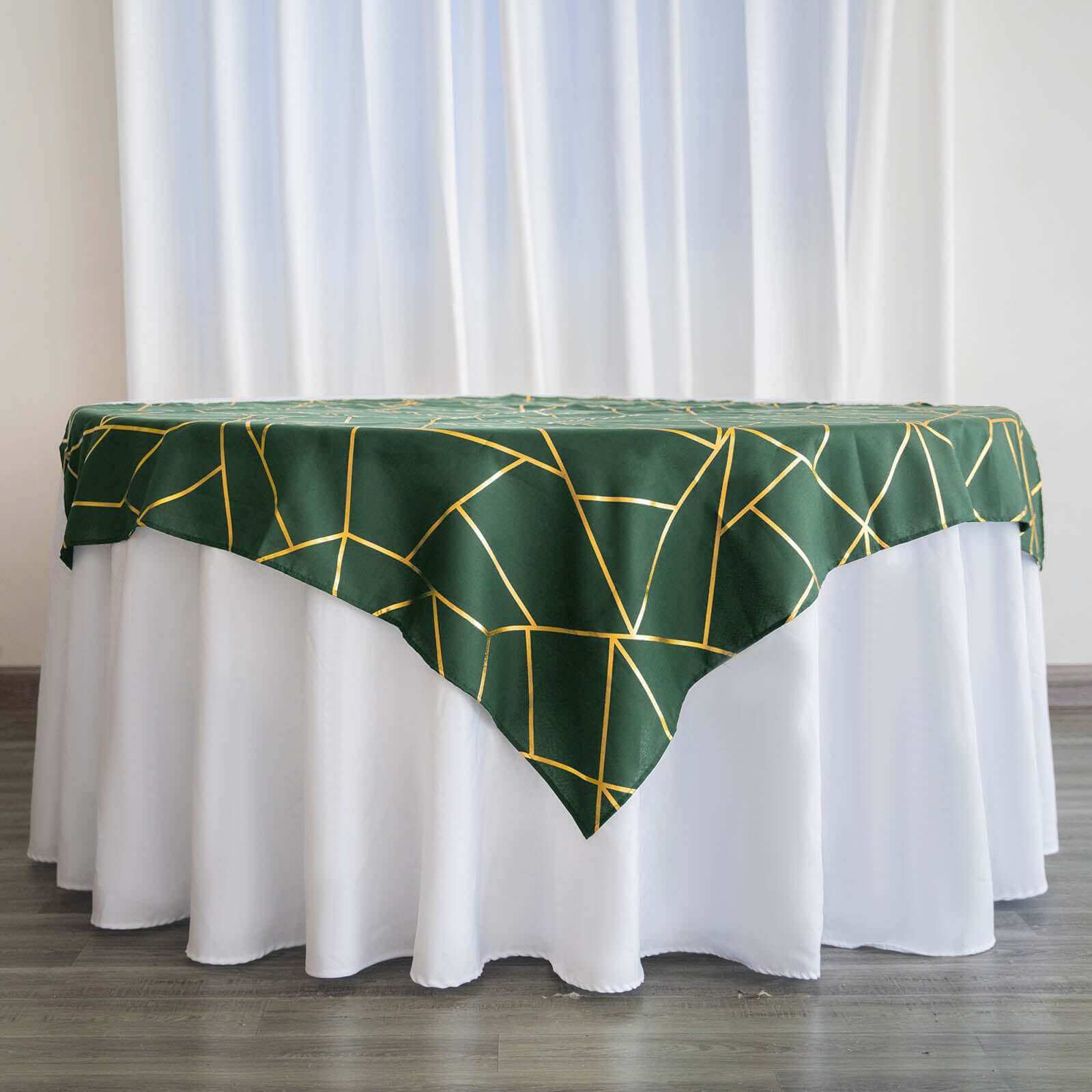 Polyester 54"x54" Table Overlay Square Tablecloth Hunter Emerald Green with Gold Foil Geometric Pattern - Wrinkle-Resistant & Durable Table Topper