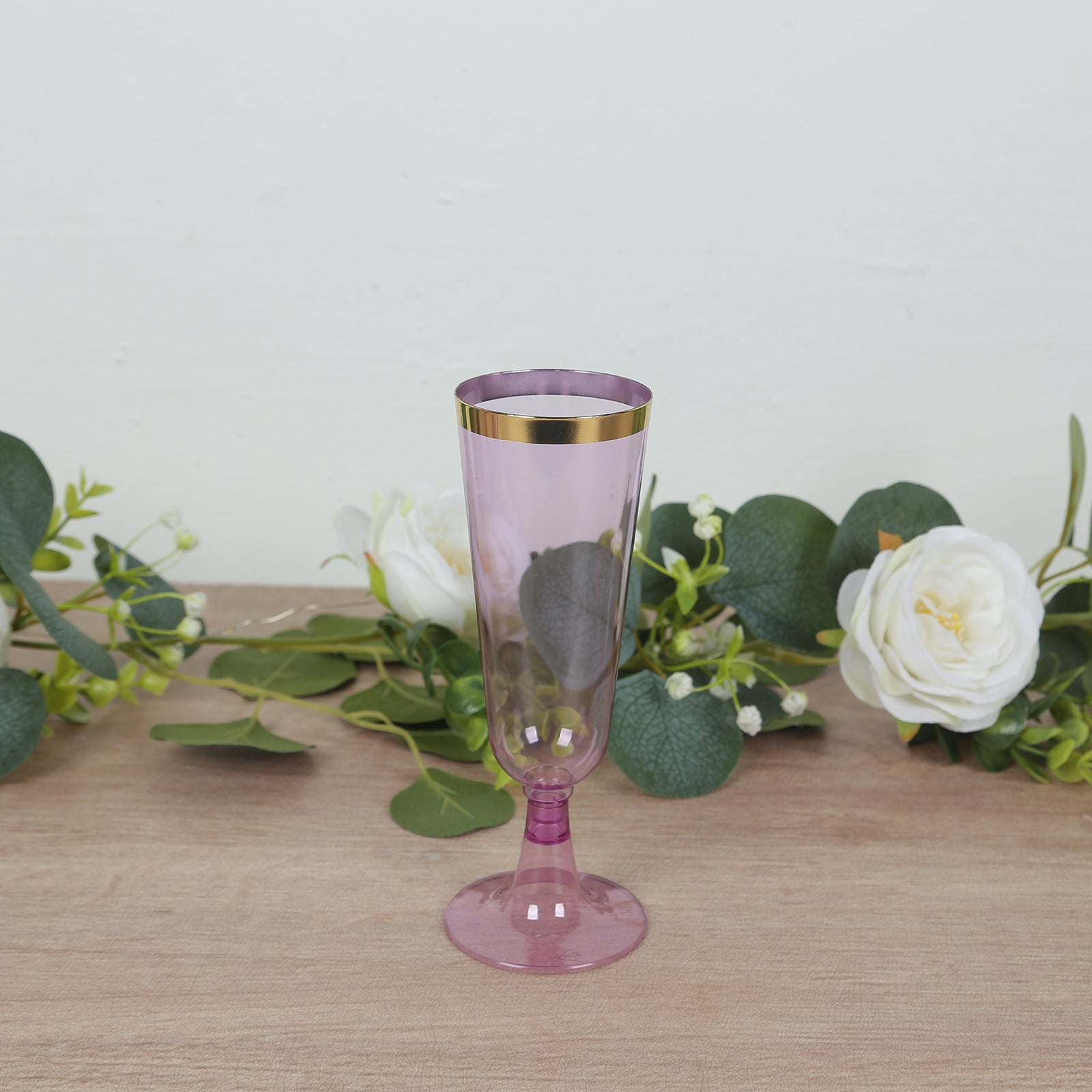 12-Pack Plastic Champagne Flutes Transparent Purple with Gold Rim - Stylish Disposable Cocktail Glasses for Parties 5oz 6"