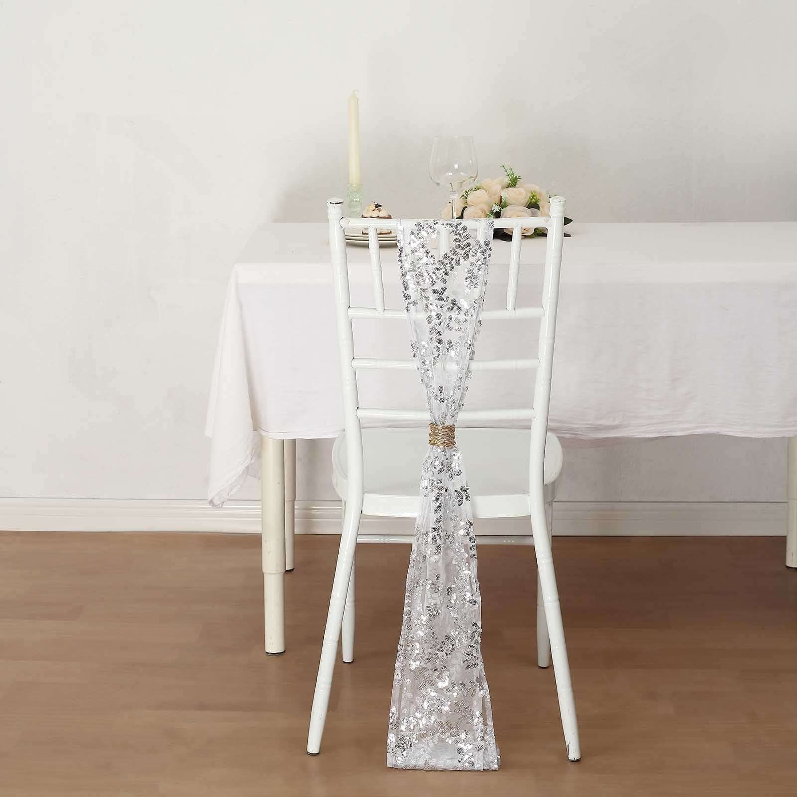5 Pack Tulle Chair Sashes with Leaf Vine Embroidered Sequins Silver 6"x88"