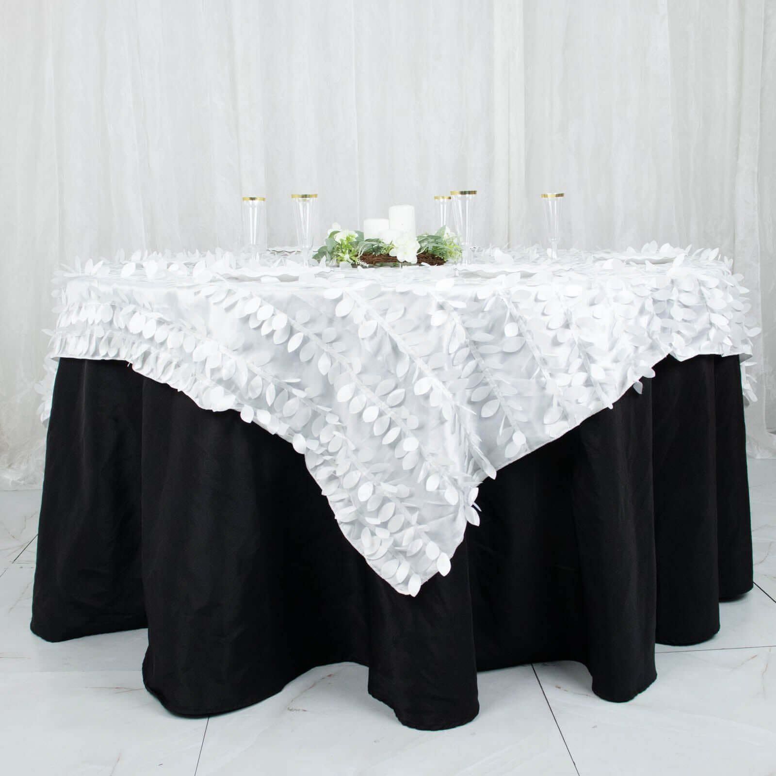 Taffeta 72"x72" Table Overlay Square Tablecloth White 3D Leaf Petal Design for Stylish Celebrations