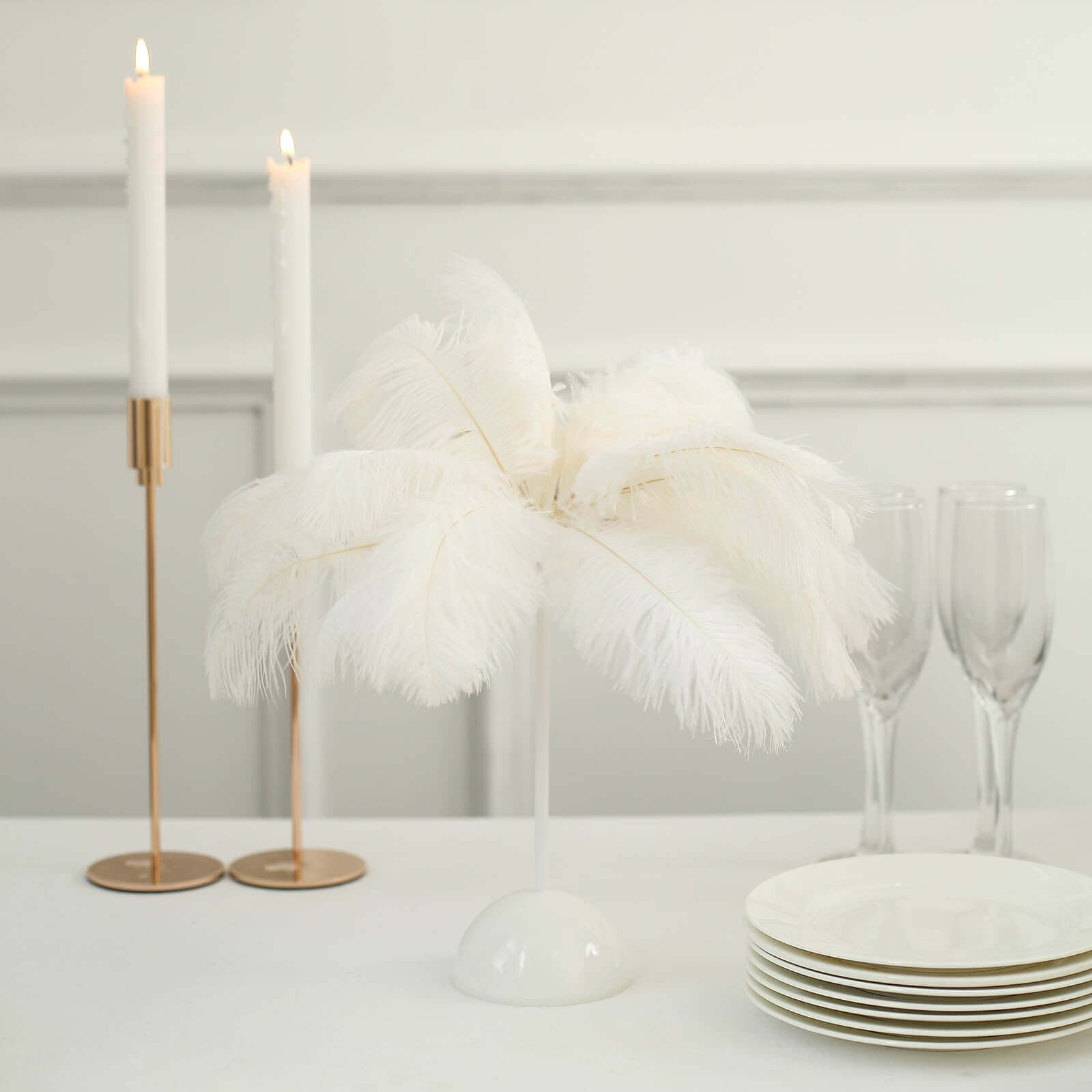 Table Lamp Ostrich Feather Design White LED Battery Operated - Cordless Wedding Centerpiece 15"