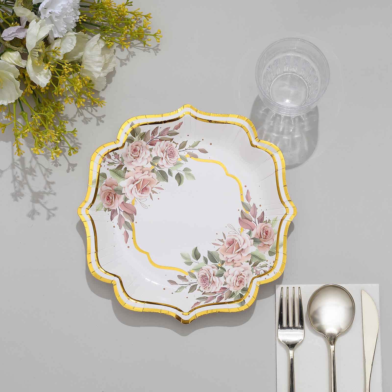25-Pack Paper 8" Dessert Plates in White with Floral Print & Gold Scallop Rim - Disposable 300GSM Appetizer Salad Plates for Cocktail Events & Receptions
