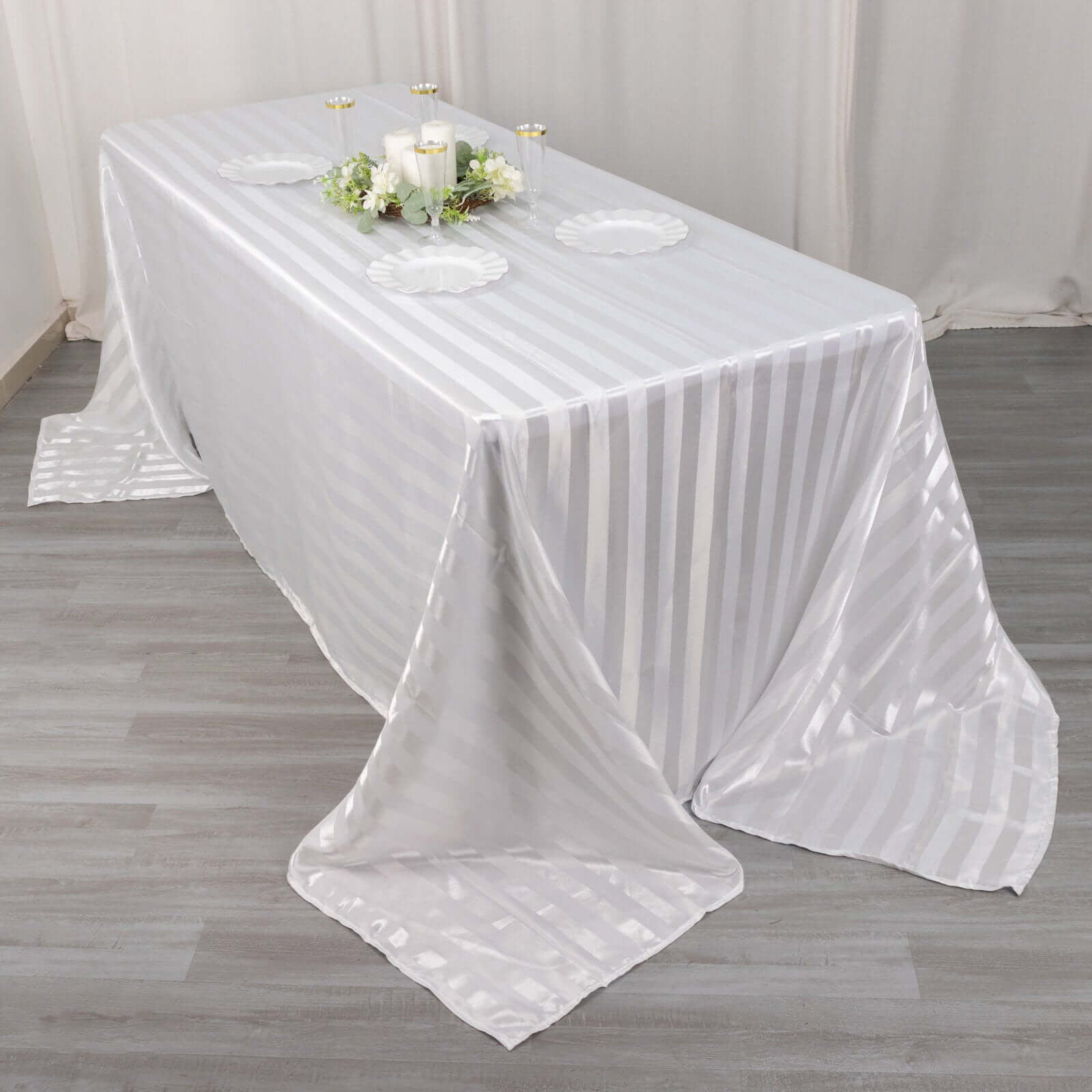 Satin Striped 90"x132" Rectangular Tablecloth White - Seamless Silky Smooth Wedding Decor