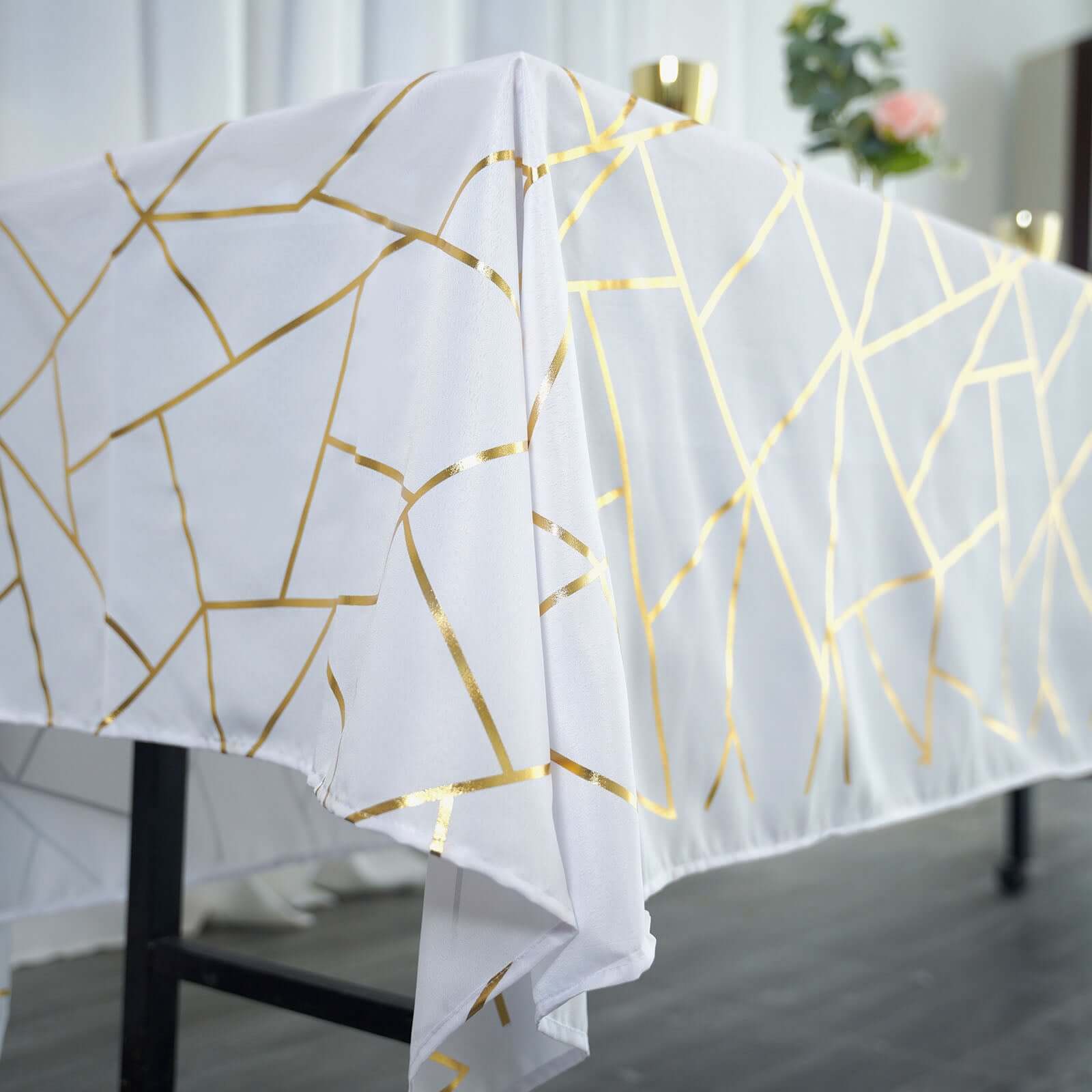 Polyester 60"x102" Rectangle Tablecloth White with Gold Foil Geometric Pattern - Wrinkle-Resistant and Durable Table Cover for Weddings & Events