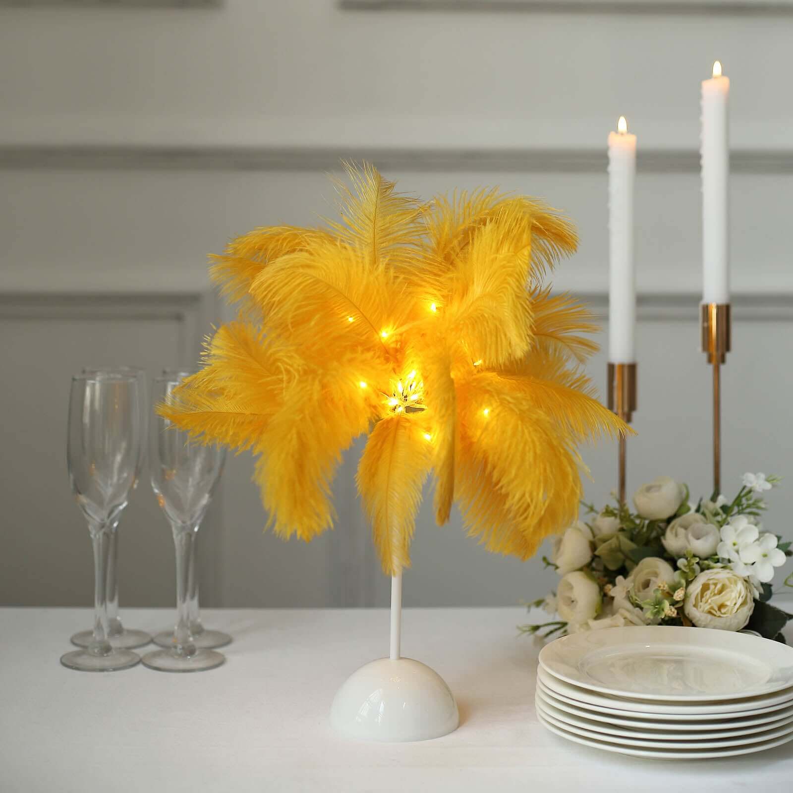 Table Lamp Ostrich Feather Design Gold LED Battery Operated - Cordless Wedding Centerpiece 15"
