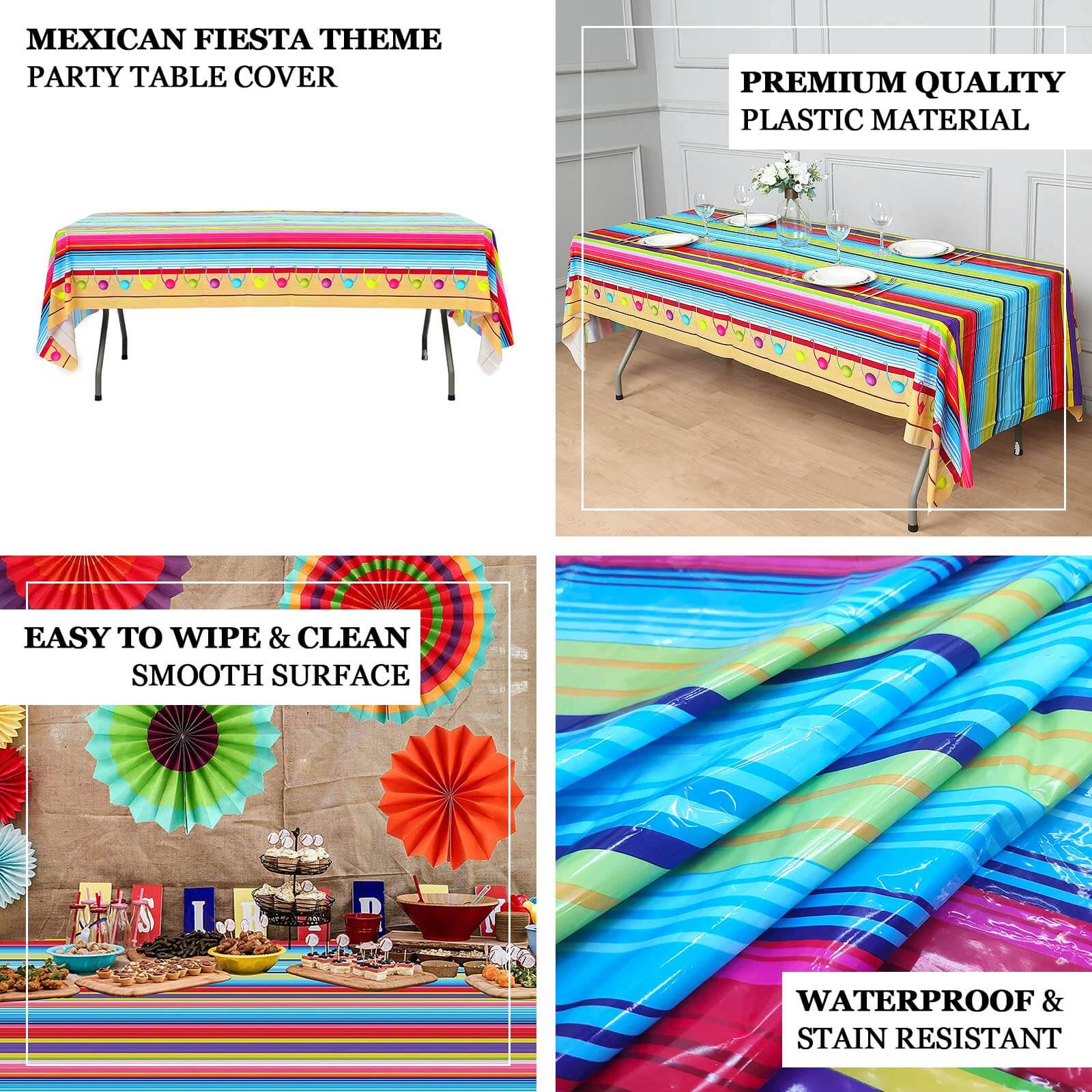 5-Pack Plastic Table Covers Mexican Serape Rectangle - Vibrant PVC Disposable Tablecloths for Cinco De Mayo 54"x108"