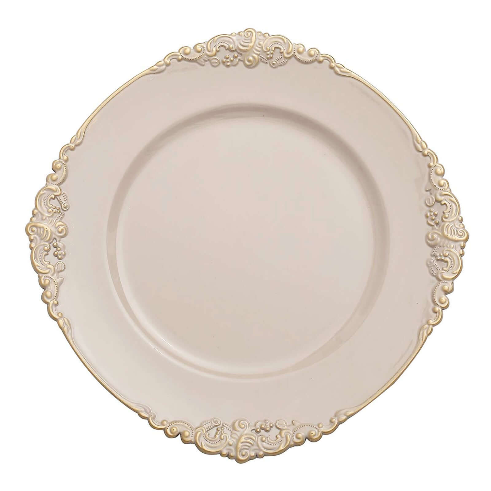 6-Pack Acrylic Round Charger Plates 13" in Nude Taupe with Gold Embossed Baroque Rim, Antique Decorative Dinner Party Charger Tableware