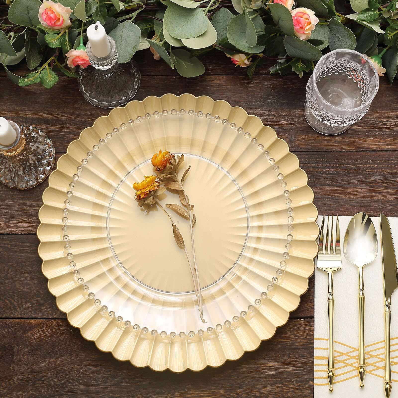 6-Pack Plastic Round Charger Plates 13" in Gold with Scalloped Shell Pattern, Coastal Inspired Disposable Charger Tableware