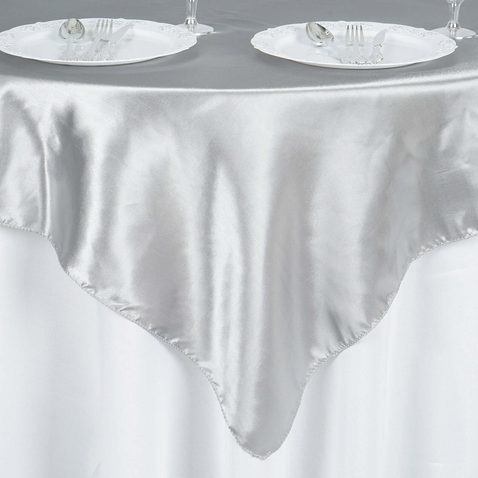 Satin 60"x60" Table Overlay Square Tablecloth Silver - Smooth Silky Touch Table Cover