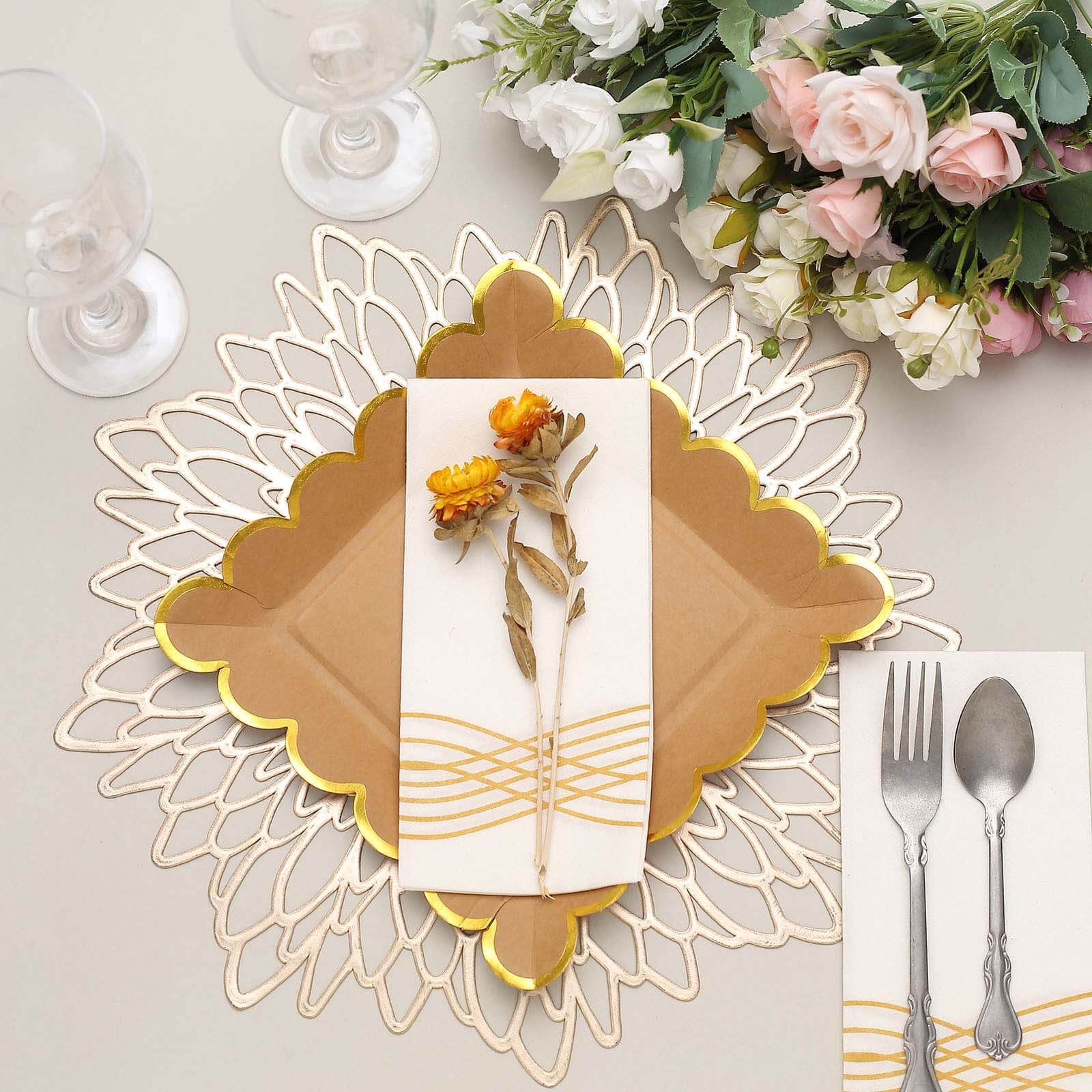 25-Pack Paper 9" Square Dinner Plates in Natural Brown with Gold Scalloped Rim - Disposable Party Plates for Rustic Gatherings & Chic Events