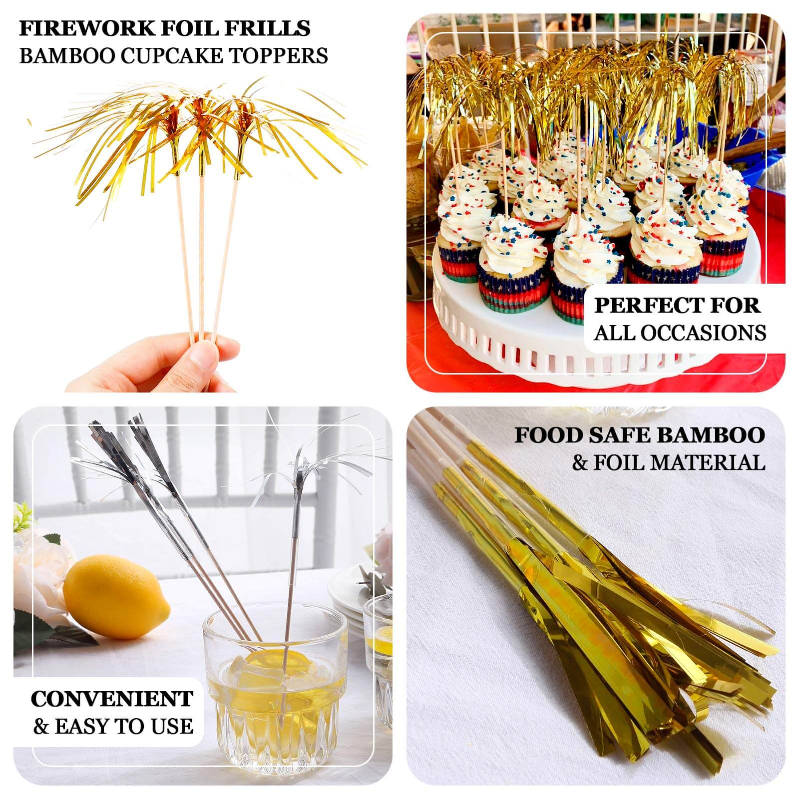 100-Pack Bamboo Cocktail Sticks Firework Cupcake Toppers Gold - Festive Foil Frills Food Picks 9"