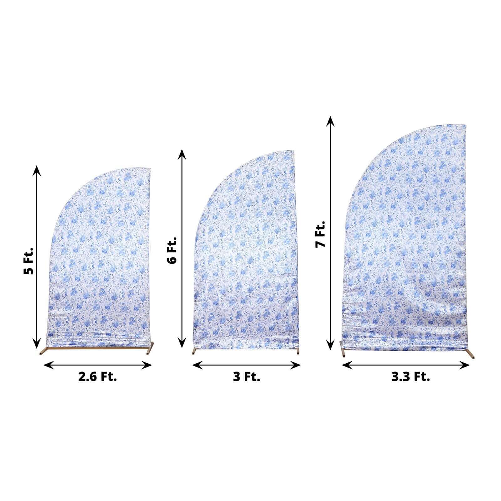 Set of 3 White Blue Satin Chiara Wedding Arch Covers in French Toile Floral Pattern, Fitted Covers For Half Moon Backdrop Stands - 5ft, 6ft, 7ft