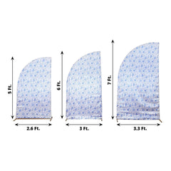Set of 3 White Blue Satin Chiara Wedding Arch Covers in French Toile Floral Pattern, Fitted Covers For Half Moon Backdrop Stands - 5ft, 6ft, 7ft