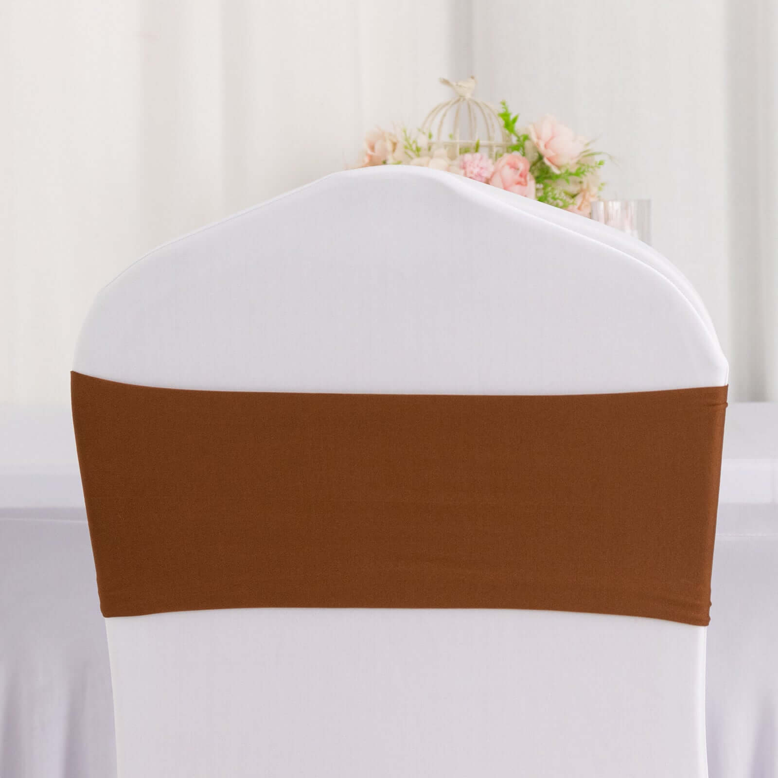 5 Pack Stretch Spandex Chair Sashes Cinnamon Brown - Fitted Finish Two Ply Heavy Duty Chair Bands 5"x12"