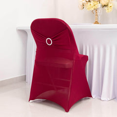 Stretch Spandex Chair Cover Burgundy for Folding Chairs - Secure Fit Slipcover with Silver Rhinestone Buckled Sash Band