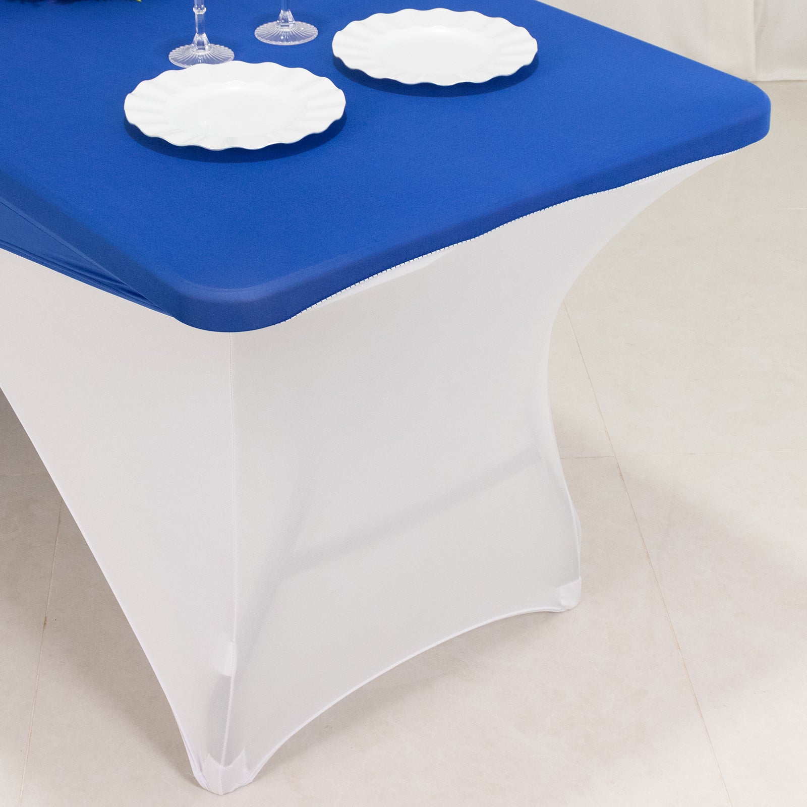 Stretch Spandex 72"x30" Rectangle Table Cover Royal Blue/White Cross Over Design - Two-Piece Fitted Tablecloth with Elastic Foot Pockets