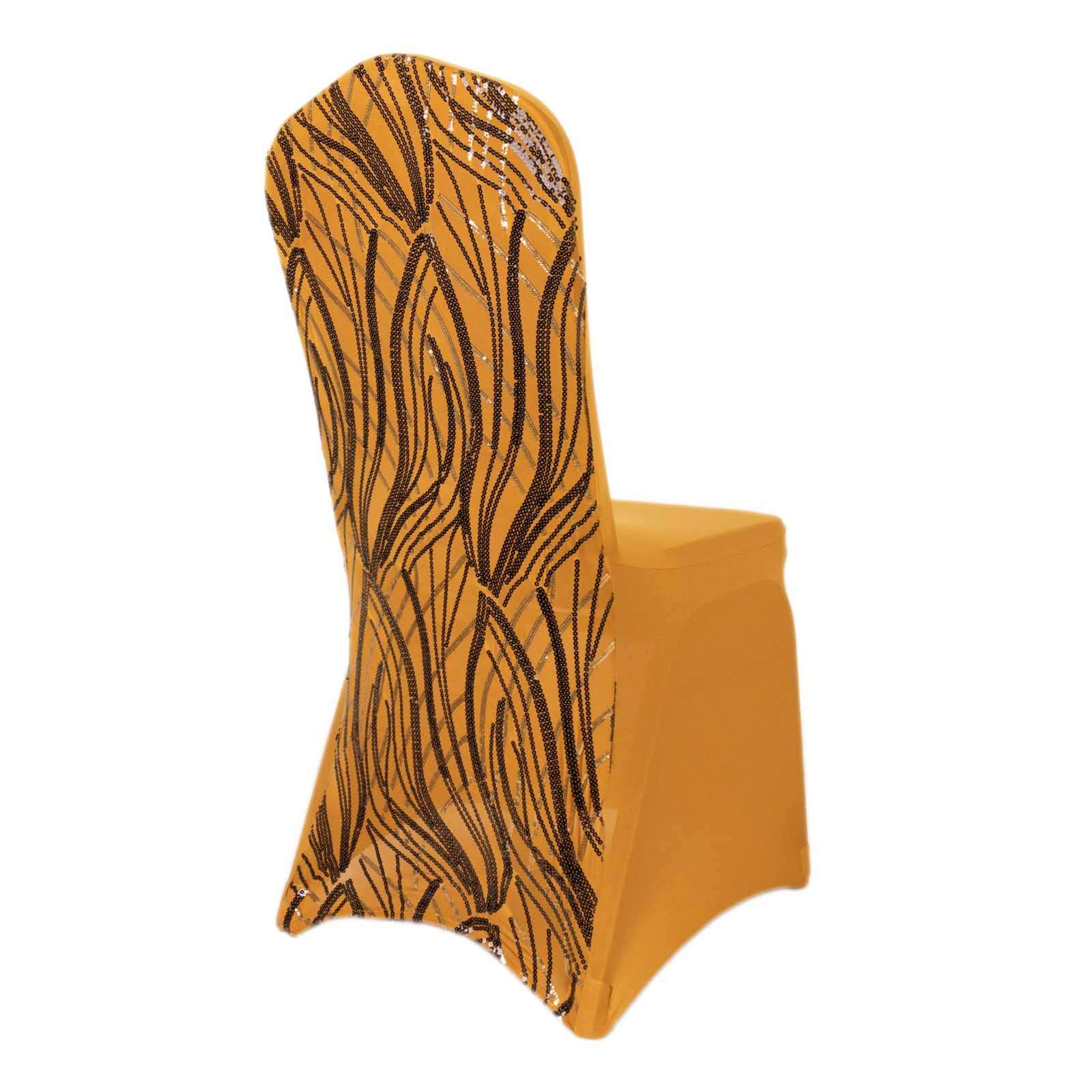 Spandex Chair Cover with Wave Embroidered Sequins for Banquet Chairs Gold/Black - Glittering Stretch Fitted Slipcover