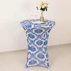 Spandex 30" Round Cocktail Table Cover Royal Blue Damask Highboy Tables - Easy to Maintain Stretch Fitted Tablecloth