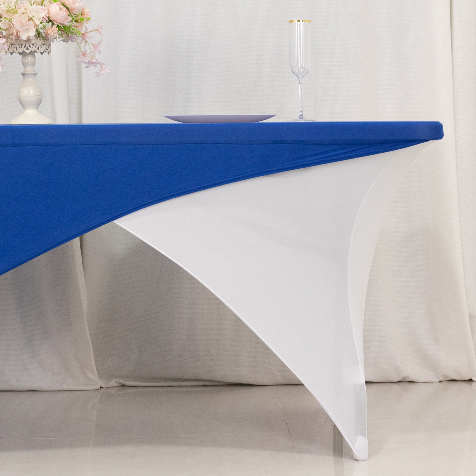 Stretch Spandex 72"x30" Rectangle Table Cover Royal Blue/White Cross Over Design - Two-Piece Fitted Tablecloth with Elastic Foot Pockets