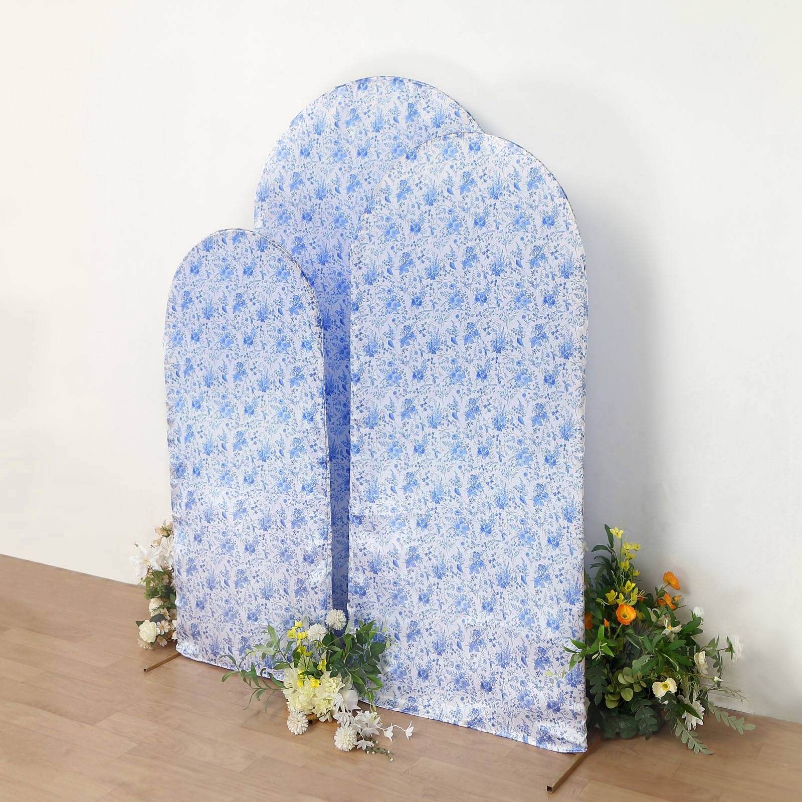 Set of 3 White Blue Satin Chiara Wedding Arch Covers in French Toile Floral Pattern, Fitted Covers For Round Top Backdrop Stands - 5ft,6ft,7ft