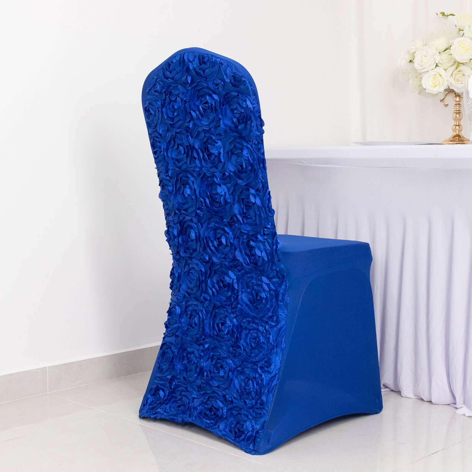 Satin Rosette Chair Cover for Banquet Chairs Royal Blue - Stretch Fitted Slip-On Slipcover