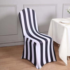 Spandex Chair Cover with Foot Pockets for Banquet Chairs Black/White 2" Stripes - Durable 160GSM Fitted Slipcover for Weddings & Gatherings