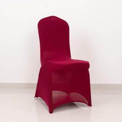 Spandex Chair Cover with Silver Rhinestone Buckled Sash Band Burgundy - Stretch Fitted Slipcover