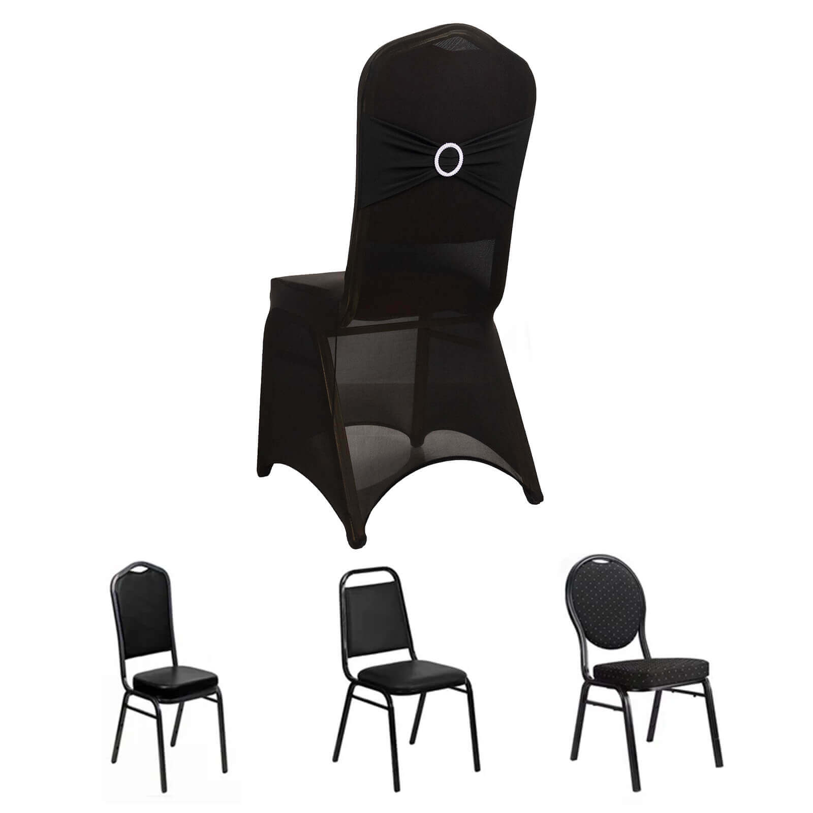 Spandex Chair Cover with Silver Rhinestone Buckled Sash Band Black - Stylish Stretch Fitted Slipcover for Banquets & Events