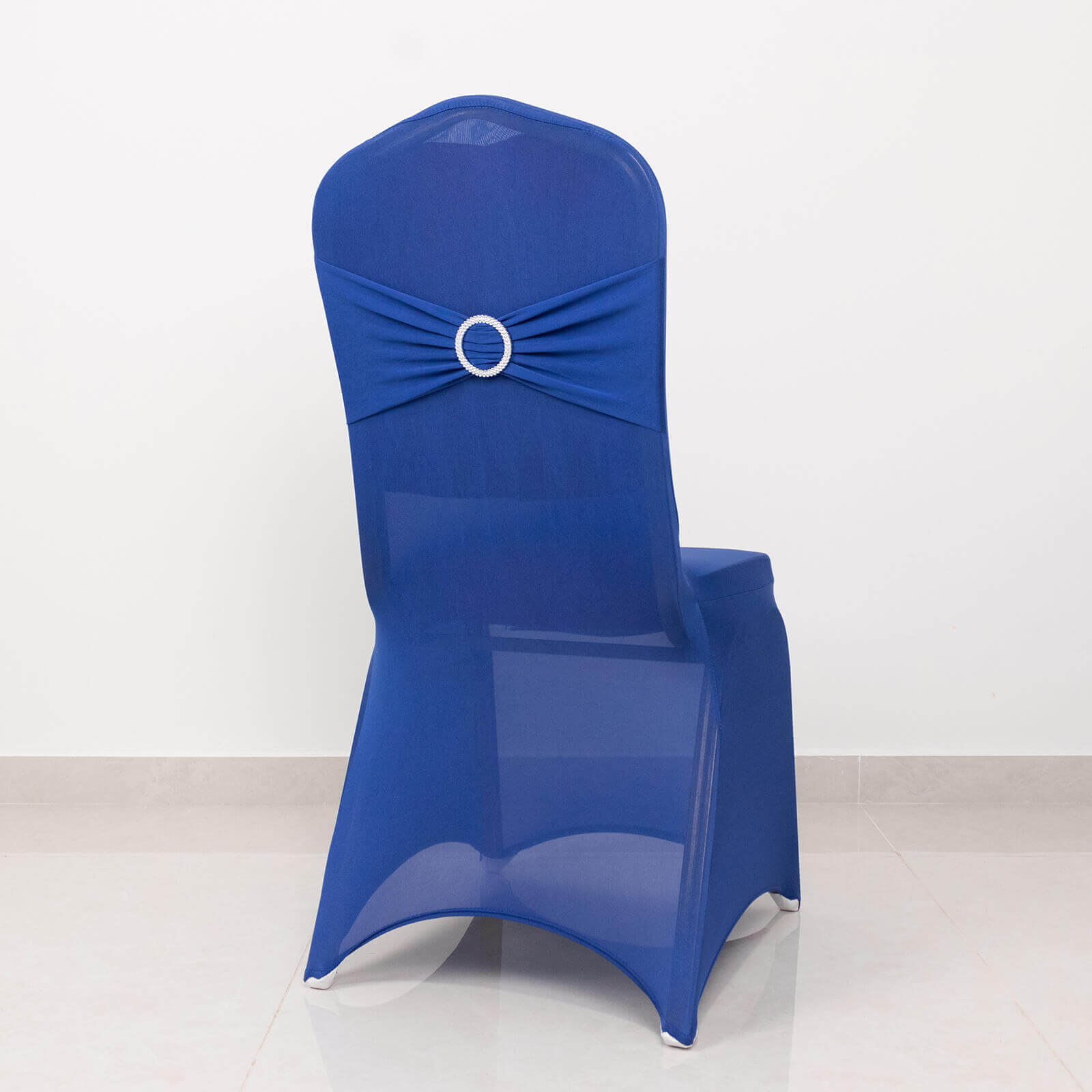 Spandex Chair Cover with Silver Rhinestone Buckled Sash Band Royal Blue - Stretch Fitted Slipcover