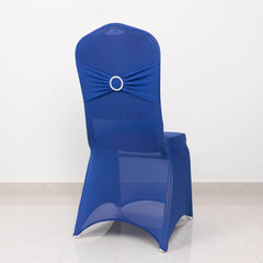 Spandex Chair Cover with Silver Rhinestone Buckled Sash Band Royal Blue - Stretch Fitted Slipcover