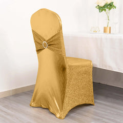 Spandex Banquet Chair Cover Metallic Gold Tinsel with Sash and Rhinestone Buckle - Luxe Shimmering Fitted Slipcover for Events