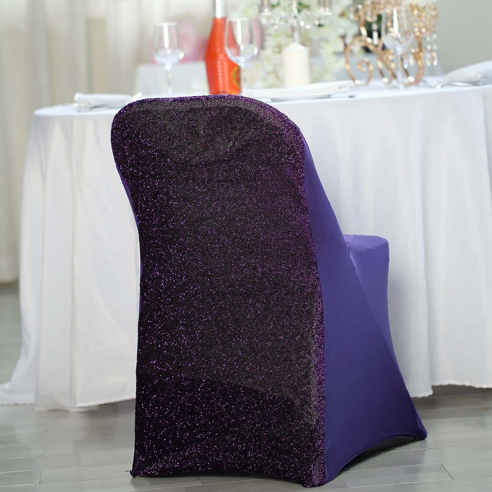 Stretch Spandex Chair Cover Purple for Folding Chairs - Metallic Shimmer Tinsel Back Design Fitted Slipcover