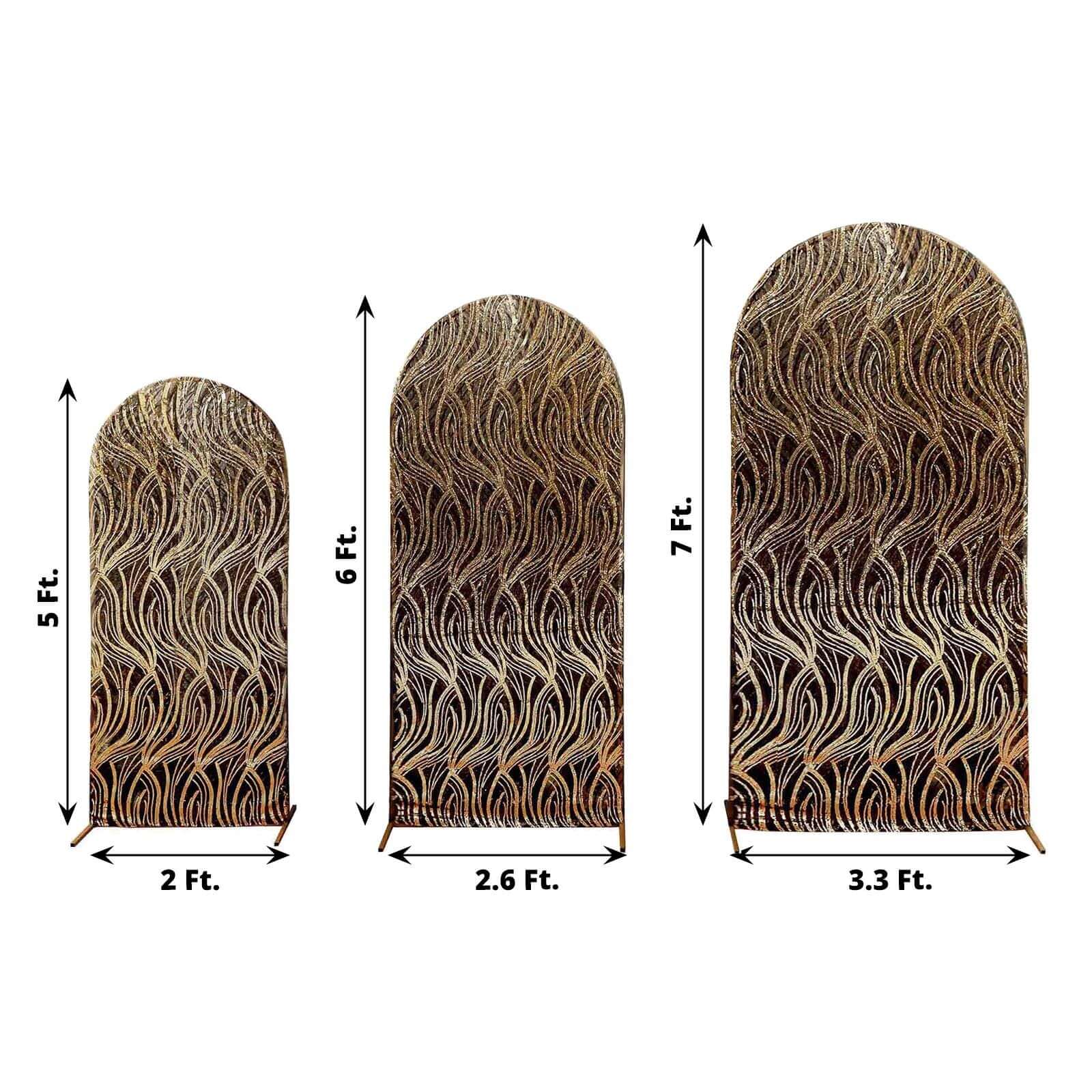 Set of 3 Black Wave Mesh Chiara Wedding Arch Covers With Gold Embroidered Sequins, Fitted Covers For Round Top Backdrop Stands - 5ft,6ft,7ft