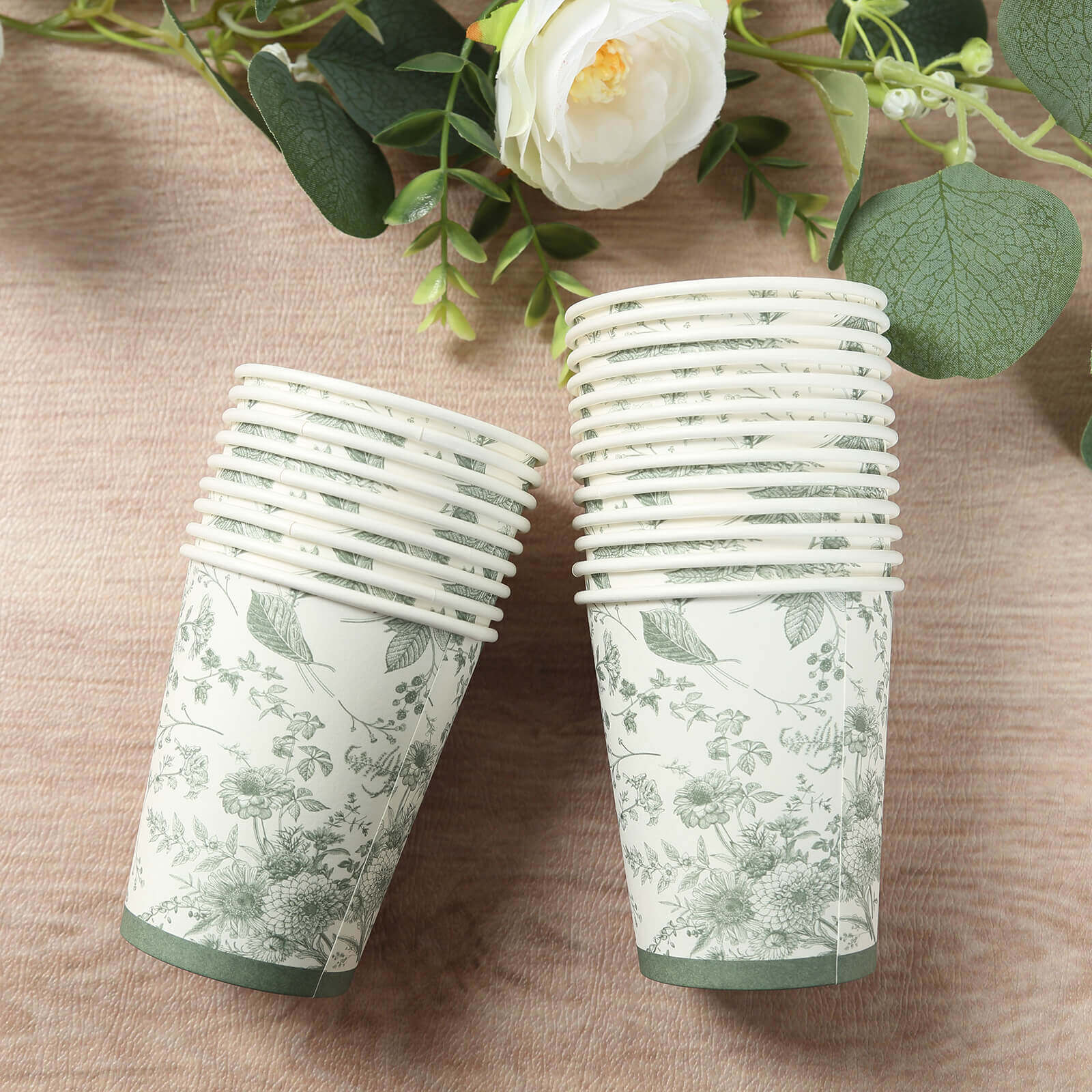 24 Pack Disposable Paper Cups in White Sage Green French Toile Pattern, Elegant Party Cups - 9oz