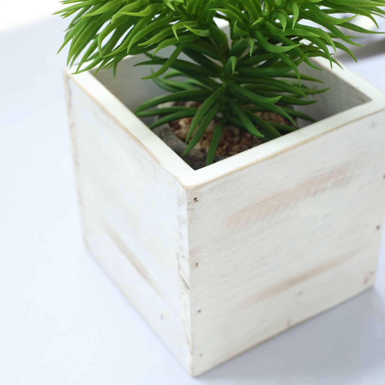 2 Pack 5" Whitewash Square Wood Planter Box Set With Removable Plastic Liners