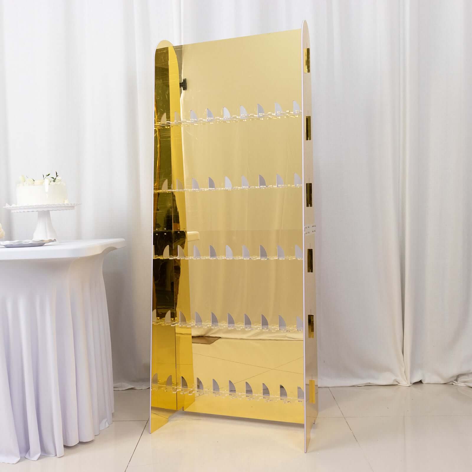 5-Tier Champagne Wall Glass Holder in Gold Mirror Finish, 40 Stemware Rack Cocktail Display Drink Organizer for Classy Events & Banquets 5ft