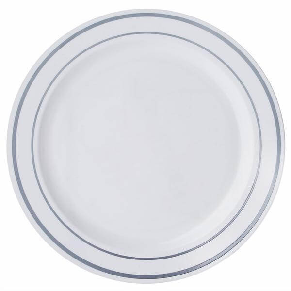 10-Pack Plastic Dinner Plates White with Très Chic Silver Rim - Perfect Disposable Party Plates 10"