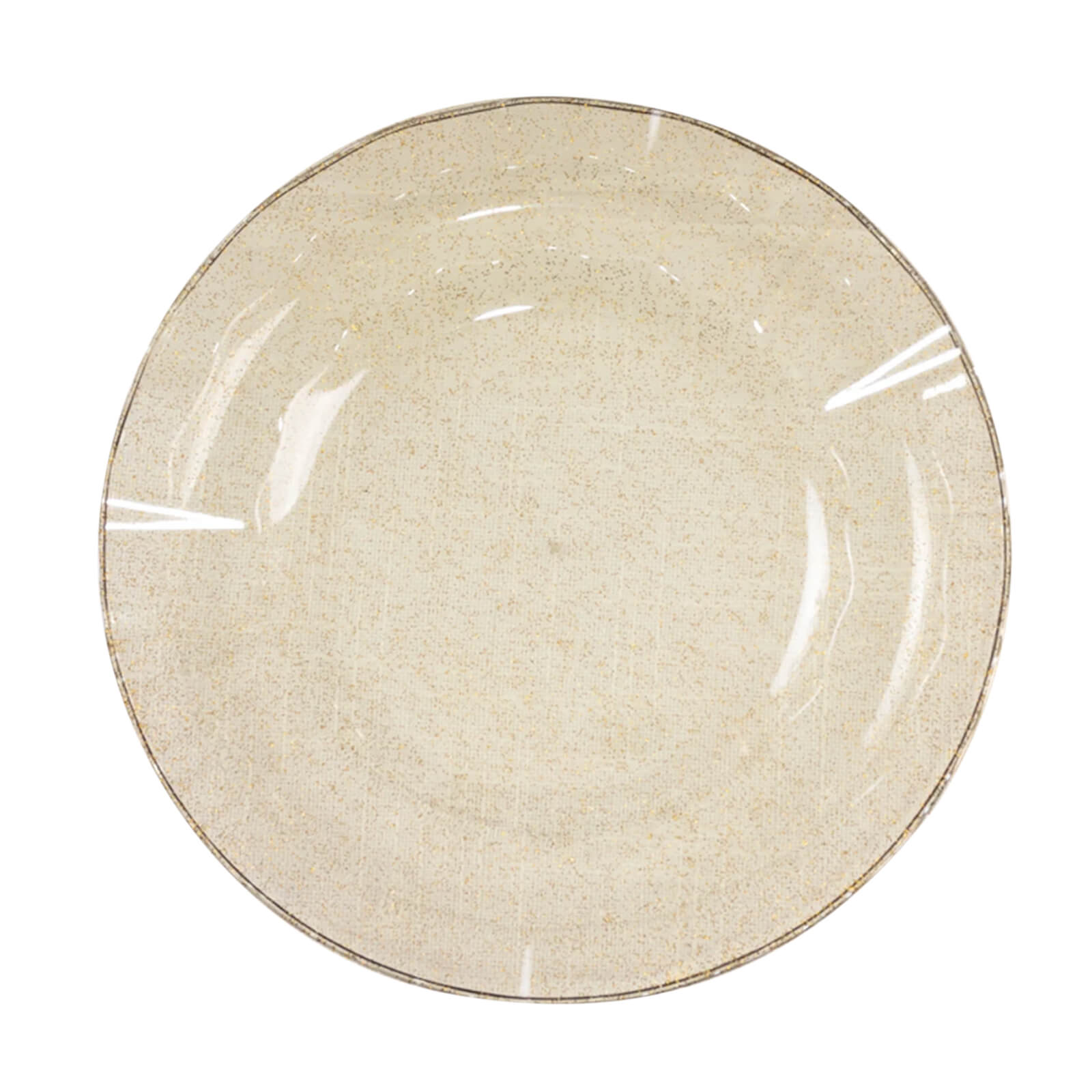 10-Pack Plastic 9" Round Dinner Plates in Gold Glitter with Ruffled Rim - Transparent Sturdy Disposable Dinnerware