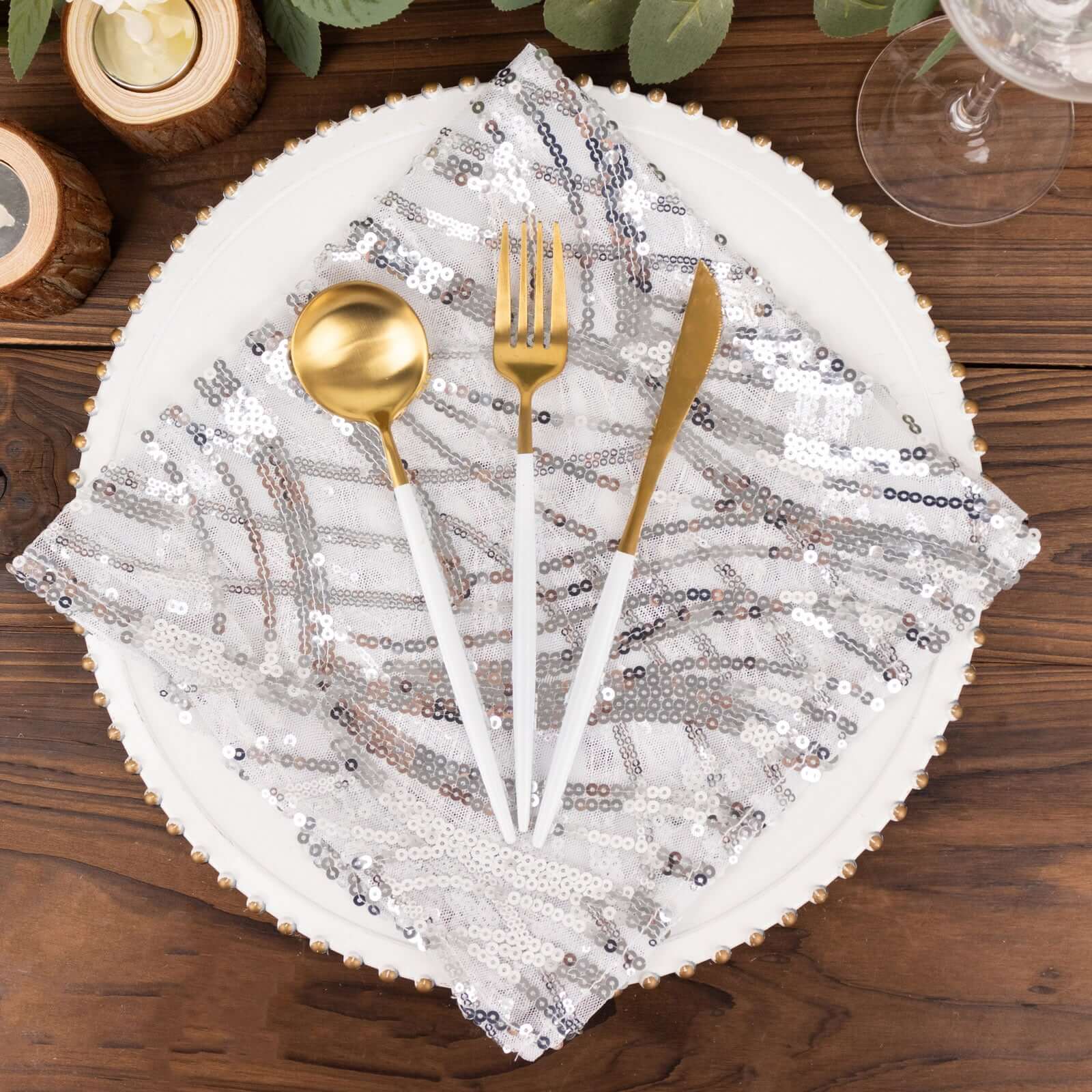 Sequin Mesh 20"x20" Napkin SIlver - Wave Embroidered Reusable Napkin