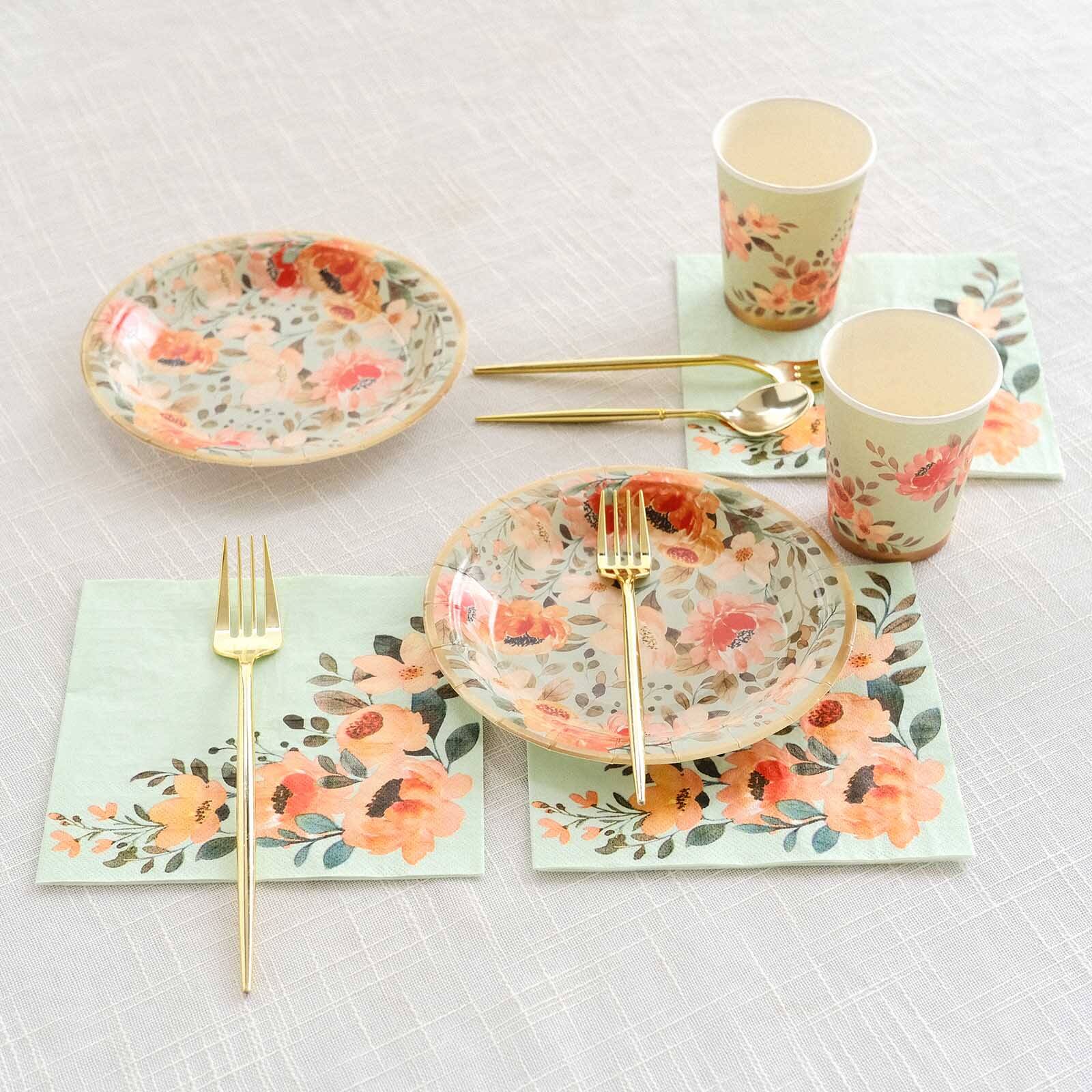 72 Pcs Paper Dinnerware Set with Pink Floral Print Sage Green - Disposable Tableware Combo-Pack with Plates and Cups