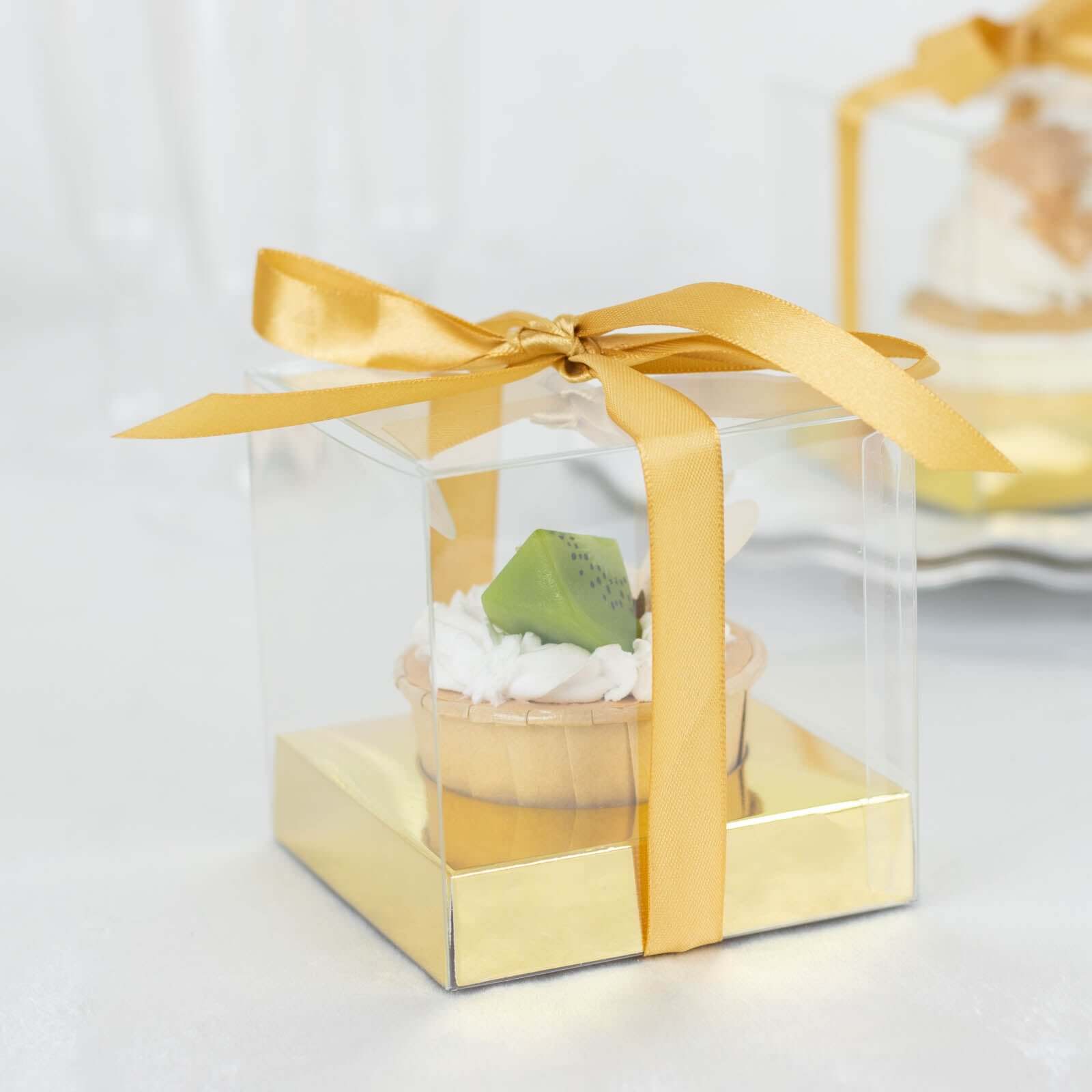 12 Pack 3.5" Clear Metallic Gold Disposable Cupcake Boxes With Ribbon Tie, Plastic Wedding Favor Boxes