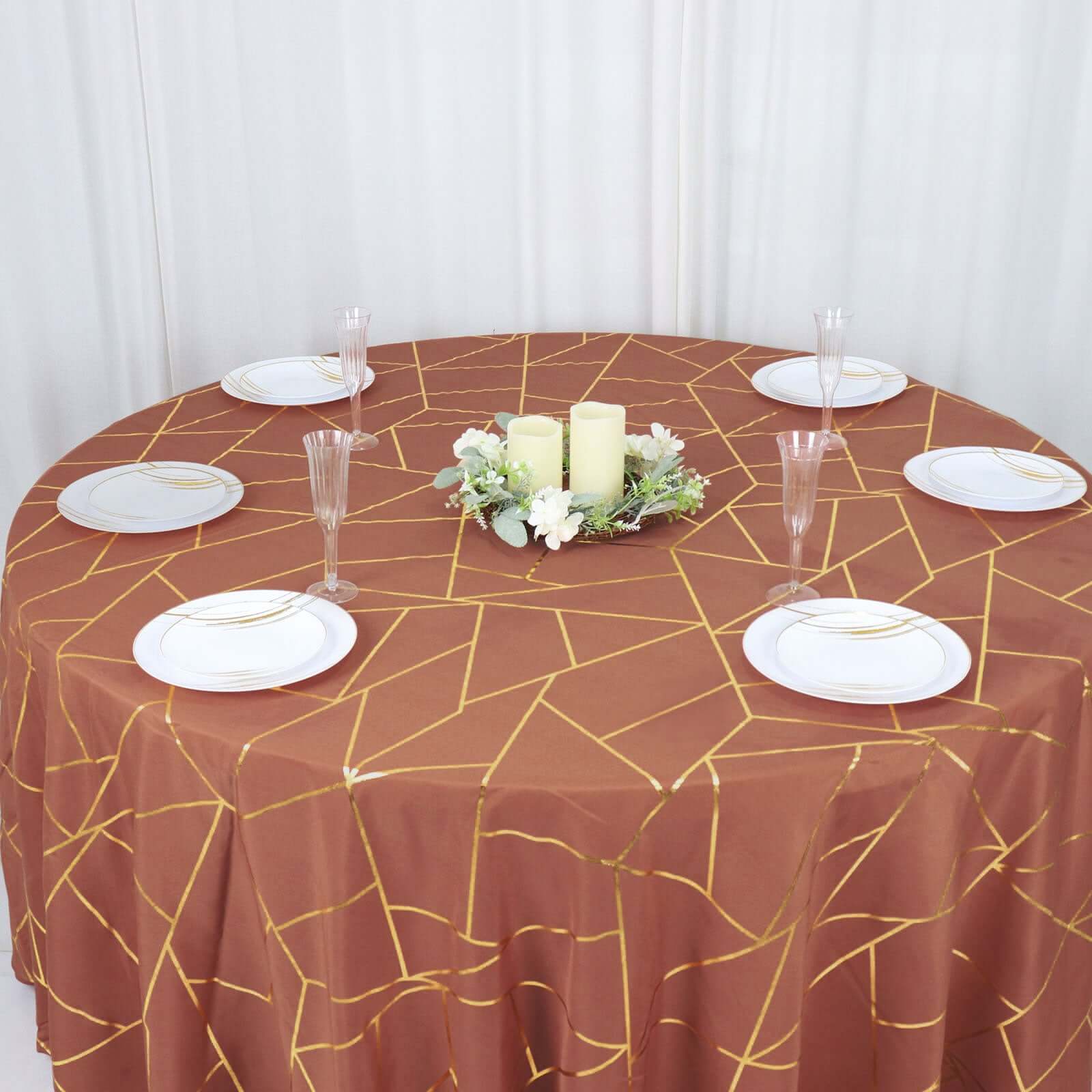 Polyester 120" Round Tablecloth Terracotta (Rust) with Gold Foil Geometric Pattern Wrinkle-Resistant Seamless Table Cover