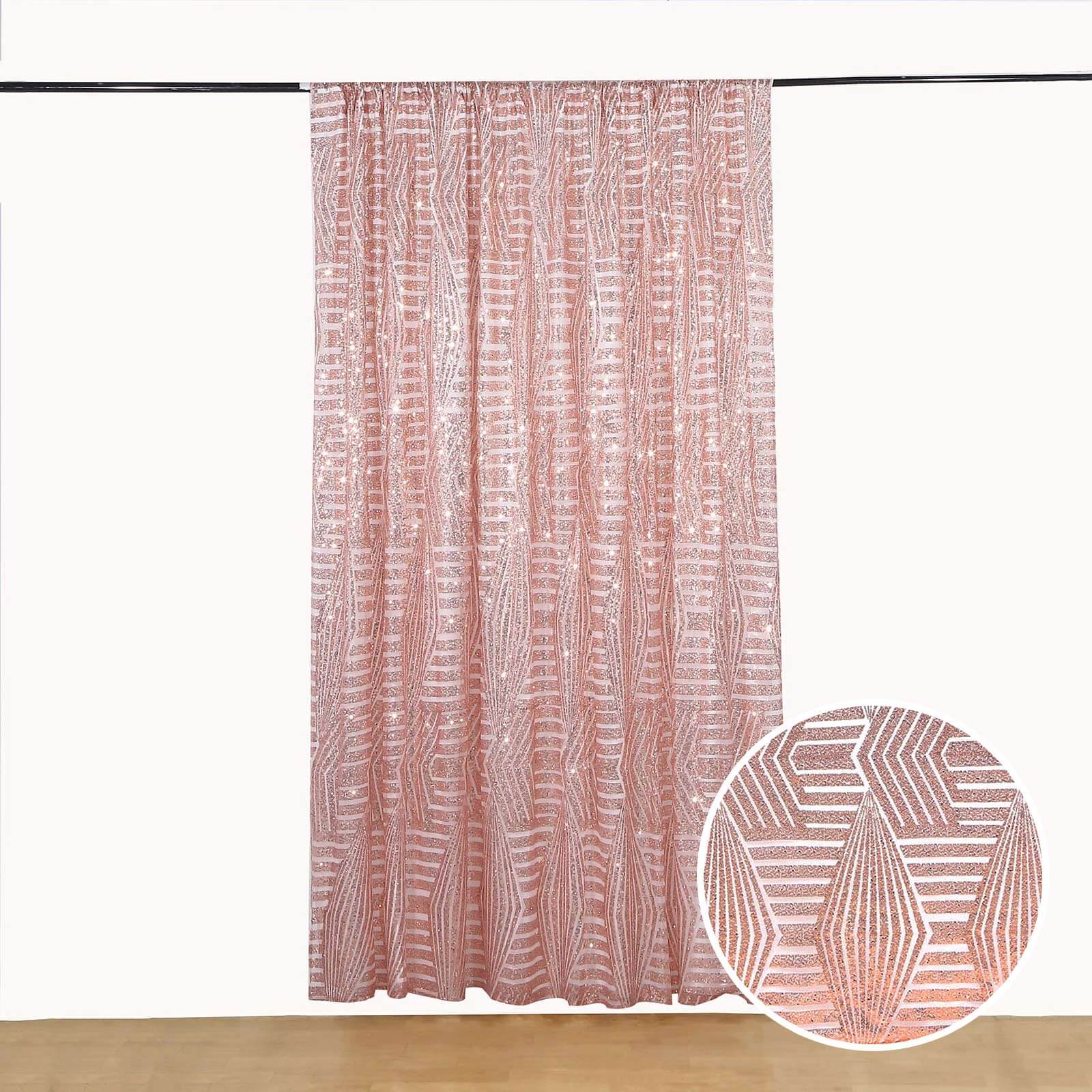 8ftx8ft Rose Gold Geometric Sequin Event Curtain Drapes with Satin Backing, Seamless Opaque Sparkly Backdrop Event Panel in Diamond Glitz Pattern