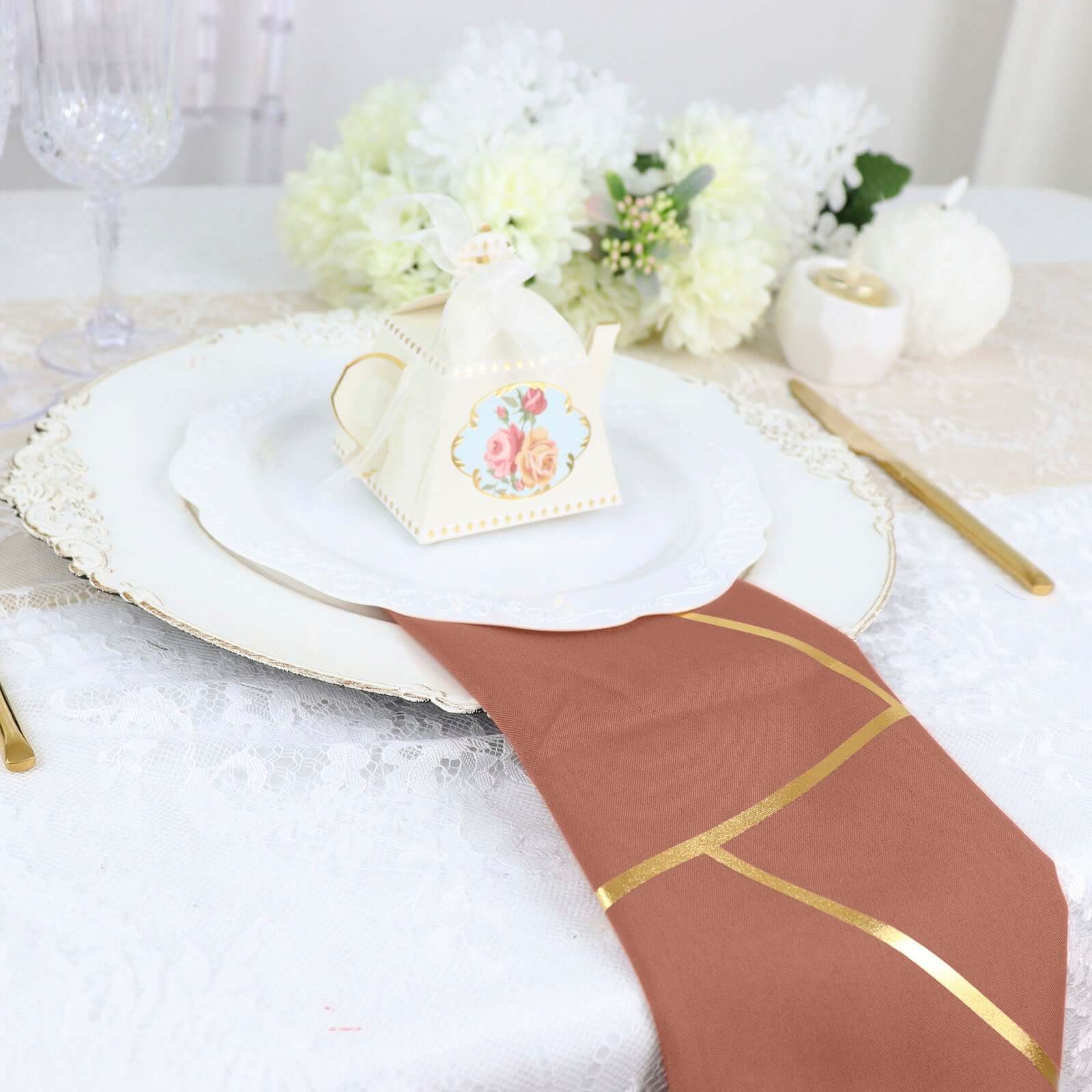 5 Pack Polyester 20"x20" Napkins Terracotta (Rust) with Gold Geometric Foil Pattern - Modern Reusable Dinner Napkins