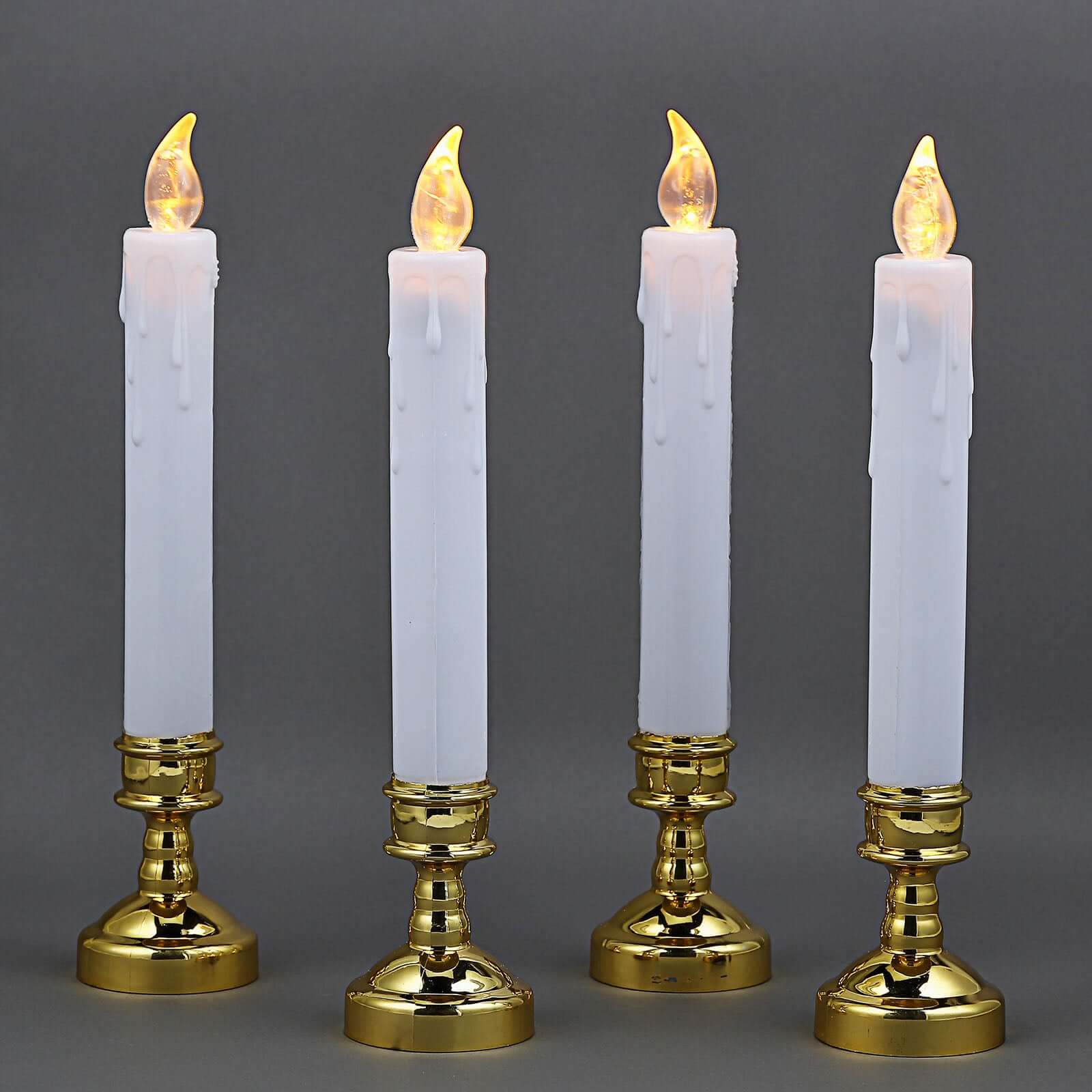 Set of 6 LED Window Candles Flickering White - Battery Operated Taper Candles with Gold Holders 10"