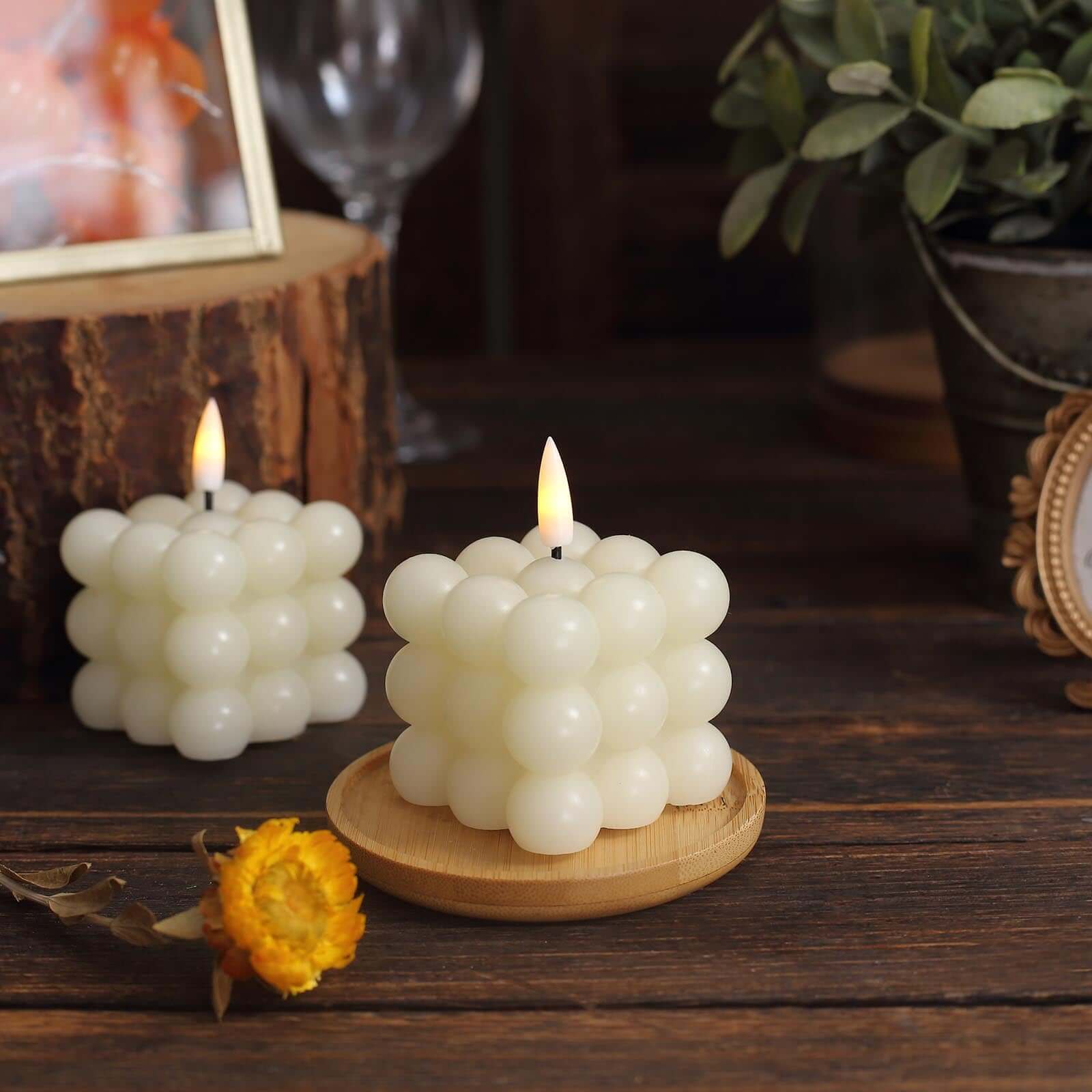2-Pack LED Flameless Cube Candles Flickering Warm White Ivory - Battery Operated Bubble Design 2"