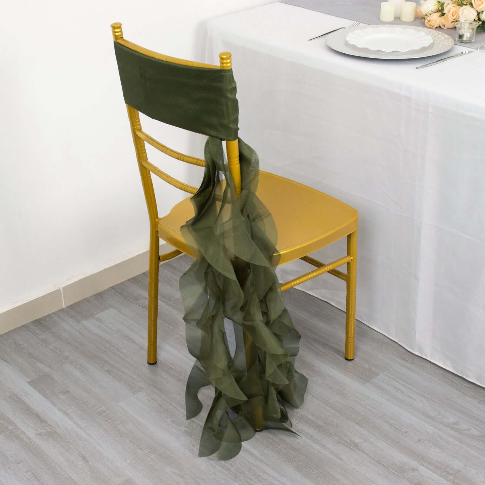Chiffon Chair Sash with Curly Design Olive Green - Stylish Chair Decorations
