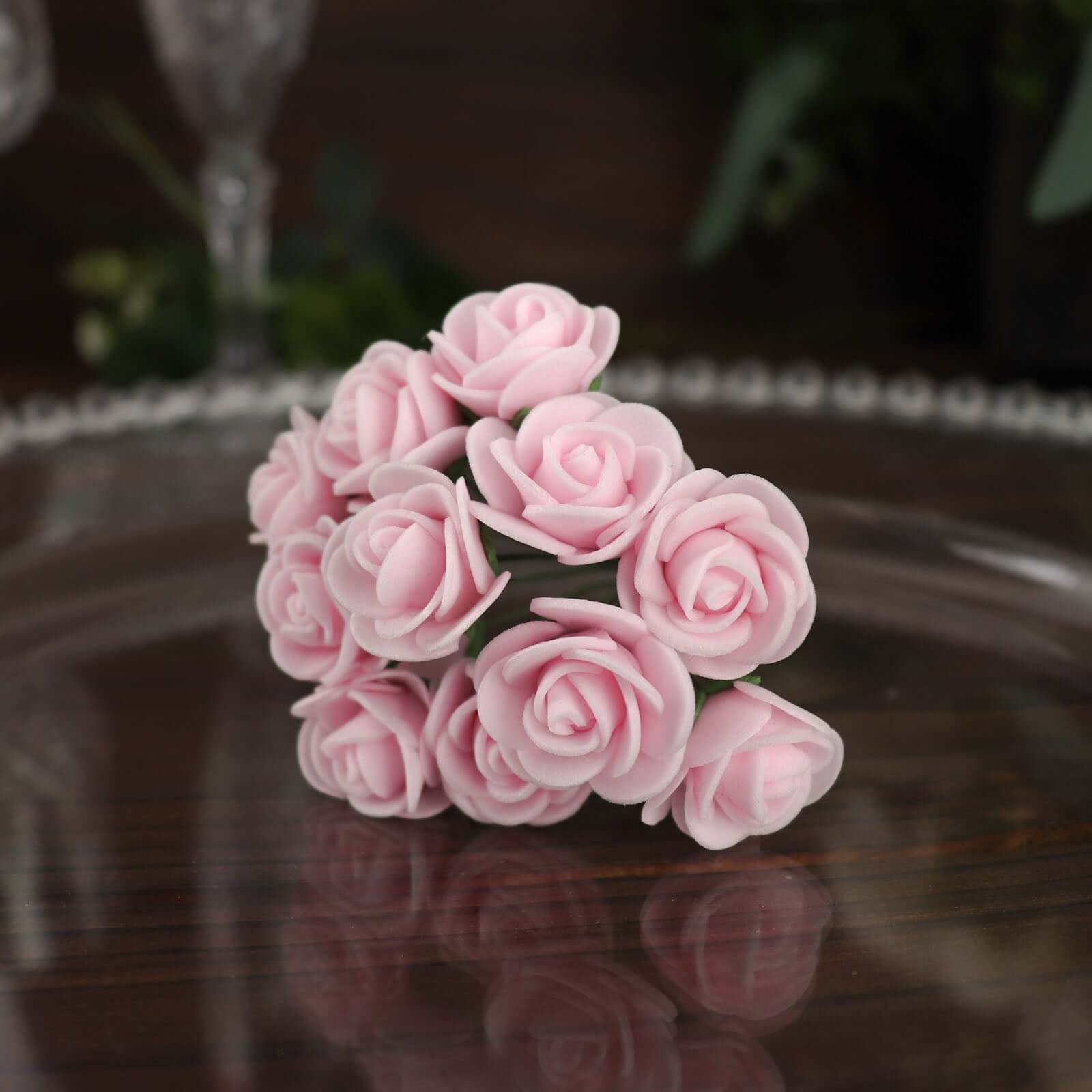 48 Roses 1" Pink Real Touch Artificial DIY Foam Rose Flowers With Stem, Craft Rose Buds
