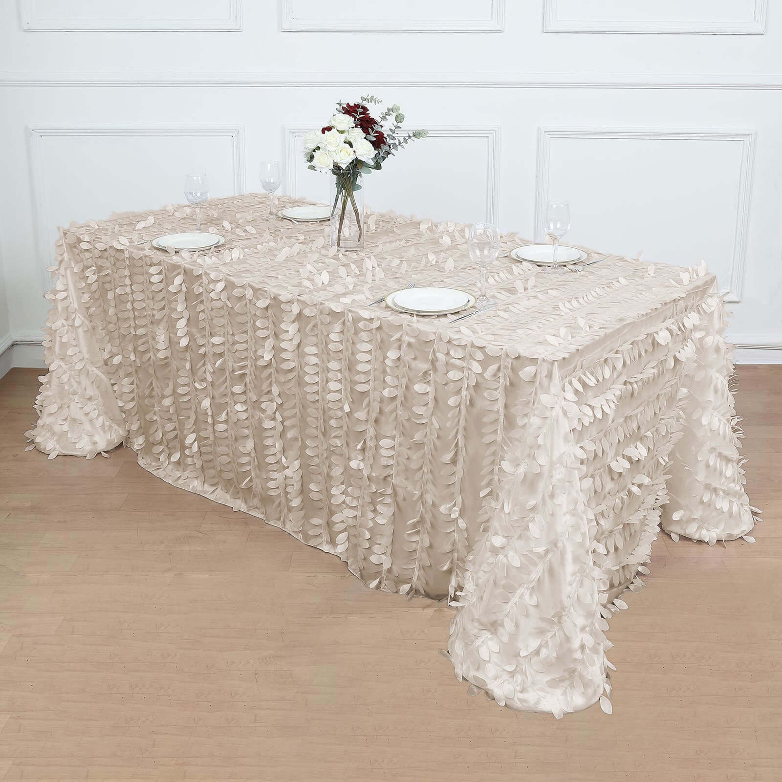 Taffeta 90"x132" Rectangle Tablecloth Beige | 3D Leaf Petal Design Seamless Table Cover